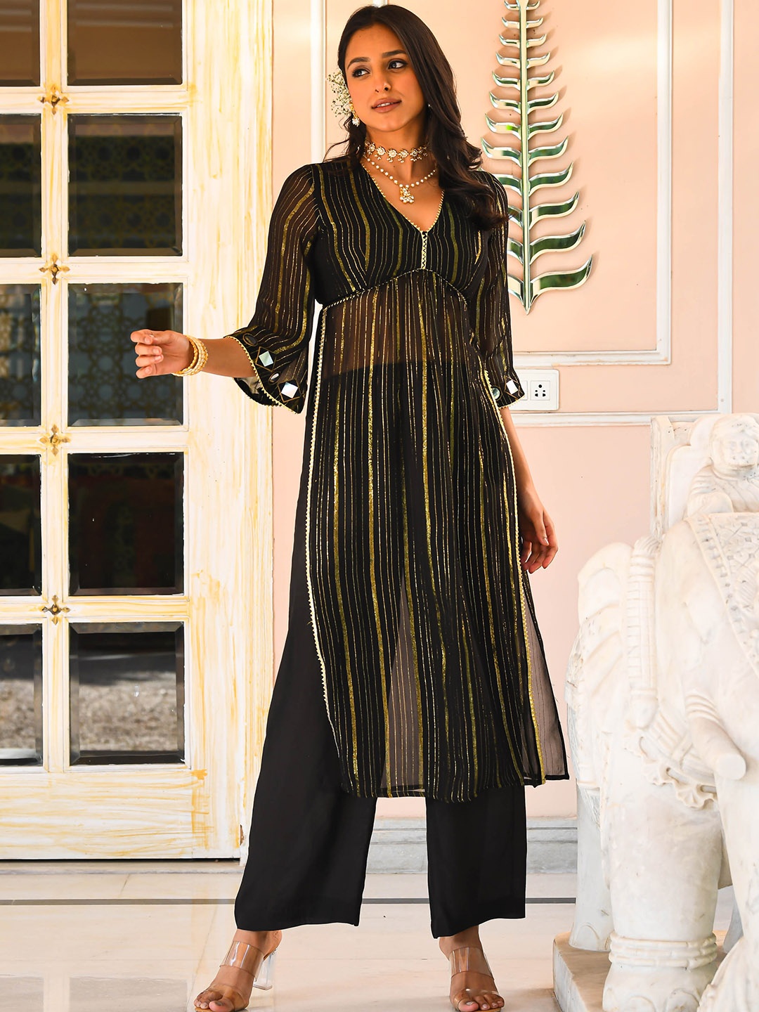 

Anouk Mirage Black Striped V-Neck Empire Mirror Work Kurta with Palazzos