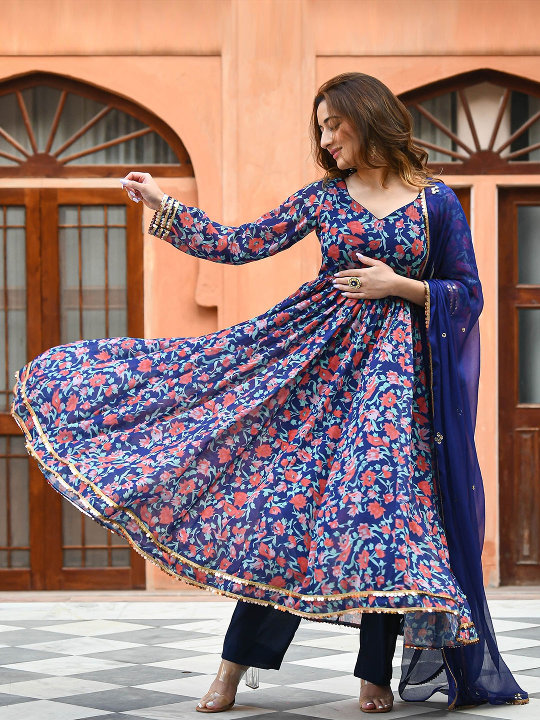 

Anouk Mirage Navy Blue Floral Printed Empire Gotta Patti Kurta With Trousers & With Dupatta