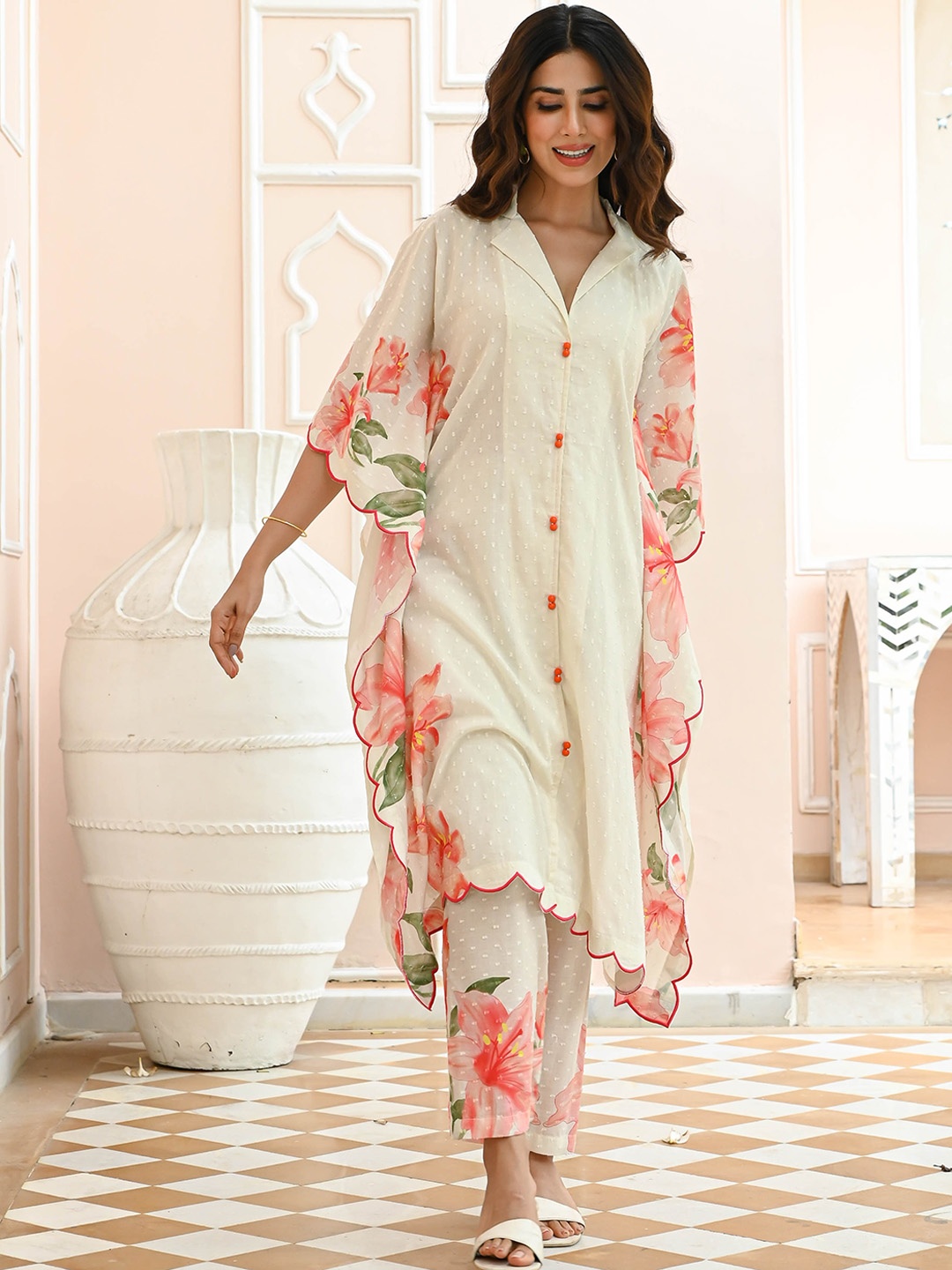 

Anouk Mirage Cream Coloured Floral Printed Panelled Pure Cotton Kurta with Trousers