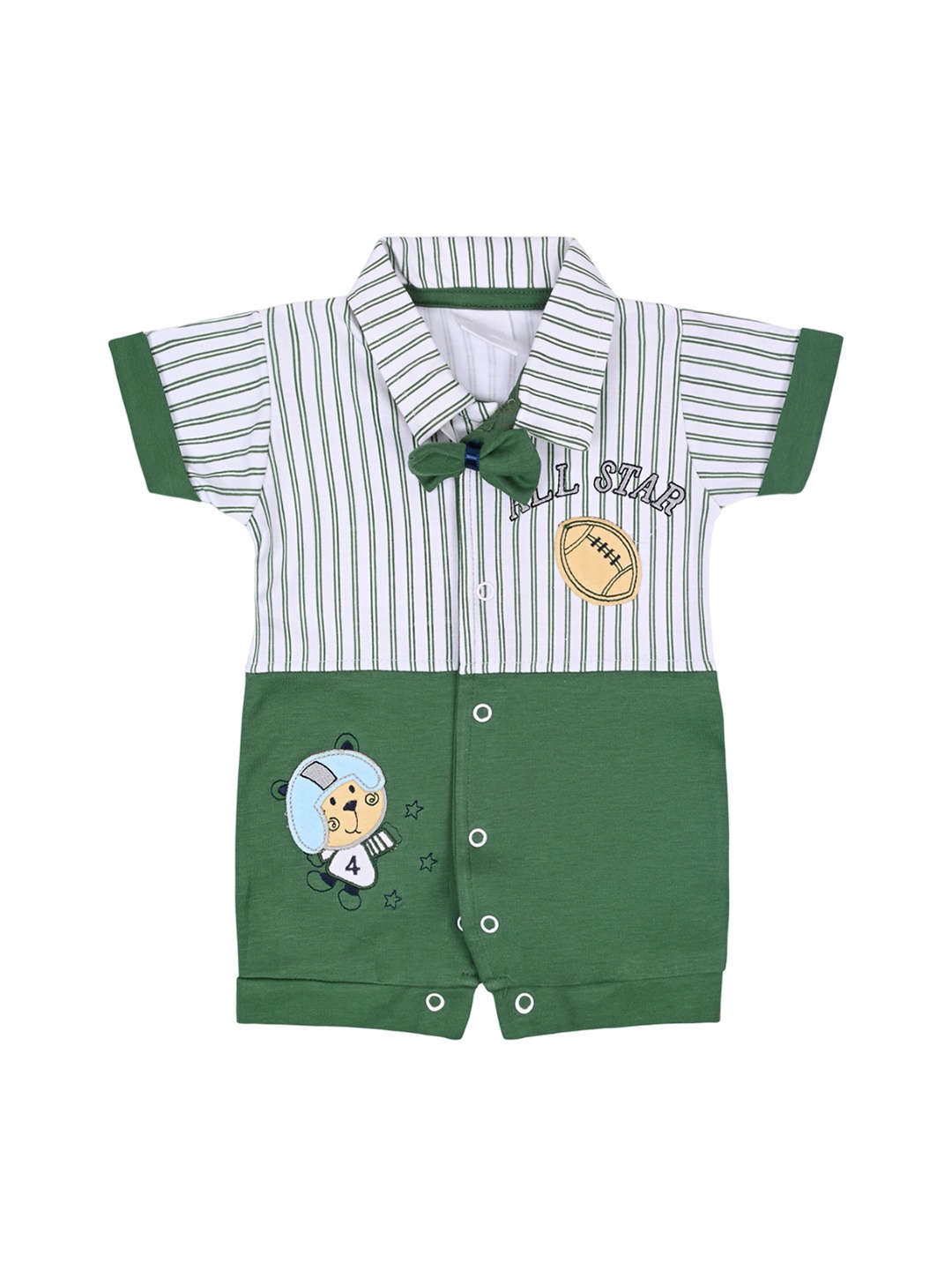 

Wish Karo Infant Boys Striped Pure Cotton Romper With Bow, Green