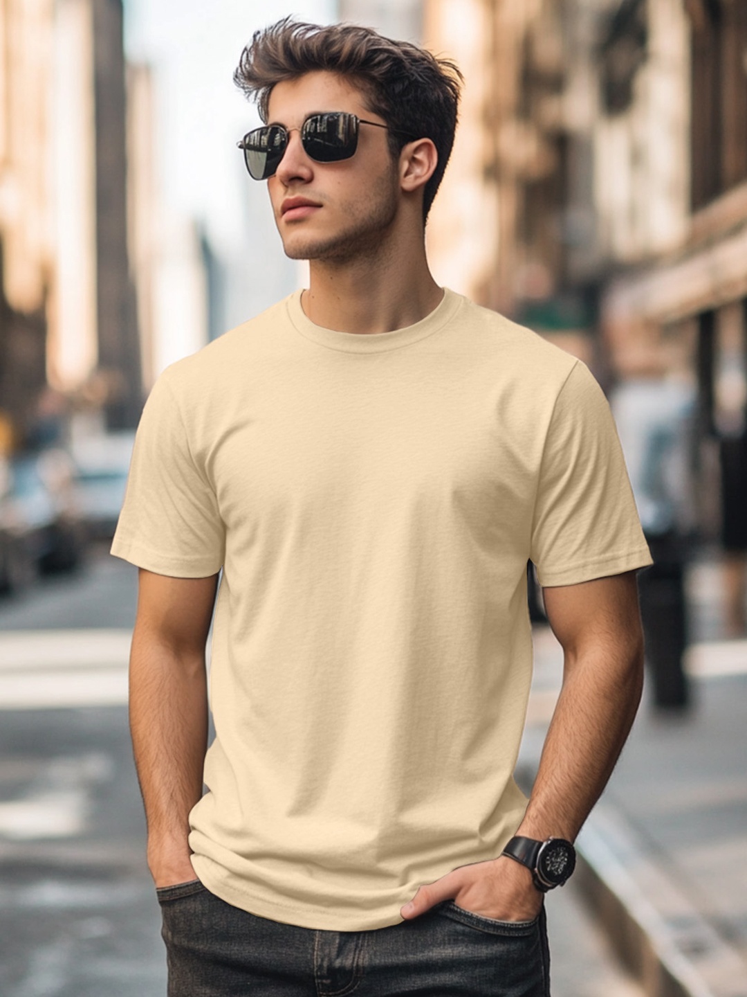 

VEIRDO Beige Drop-Shoulder Sleeves Pure Cotton Oversized T-shirt