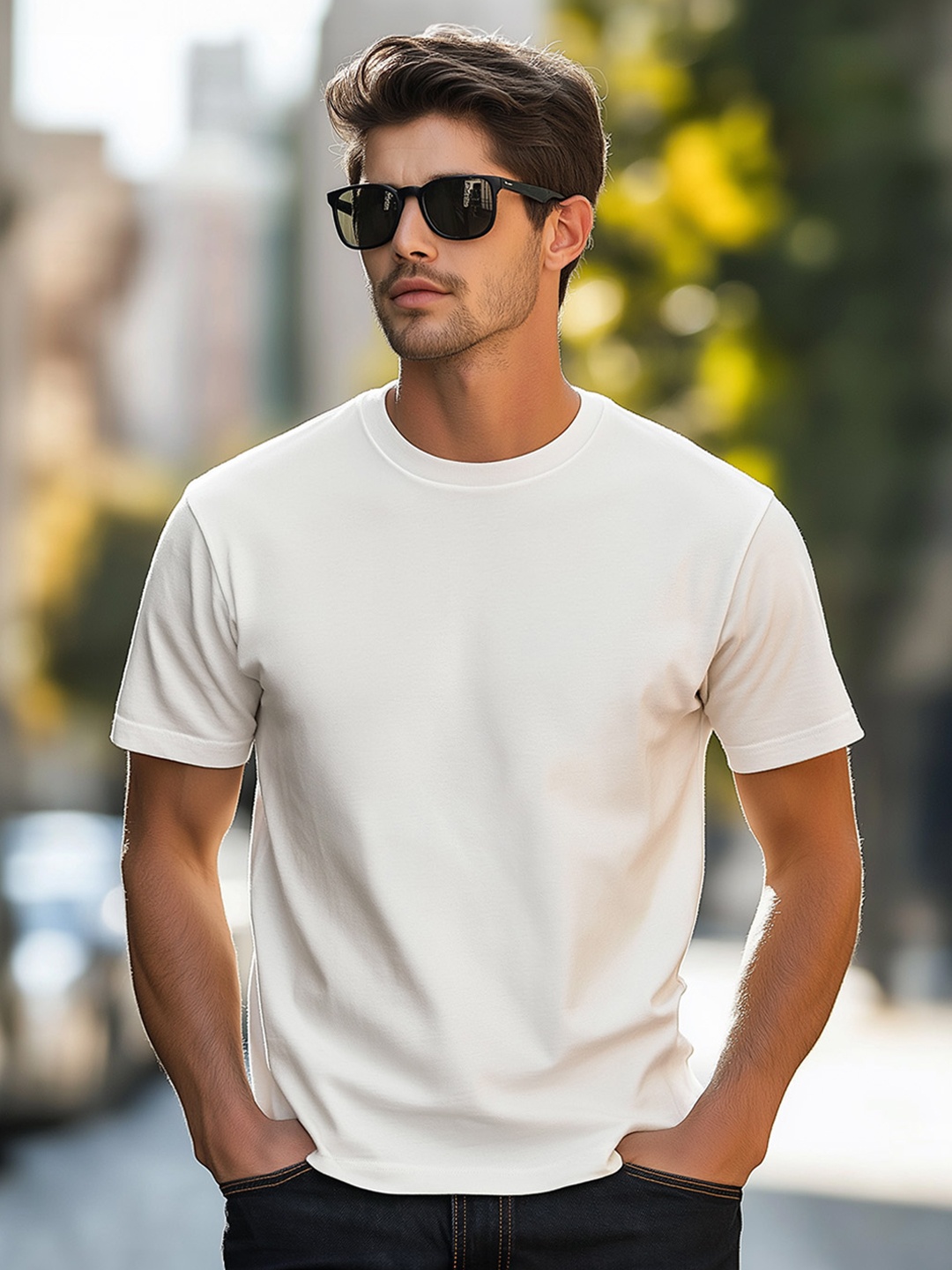 

VEIRDO White Drop-Shoulder Sleeves Pure Cotton Oversized T-shirt