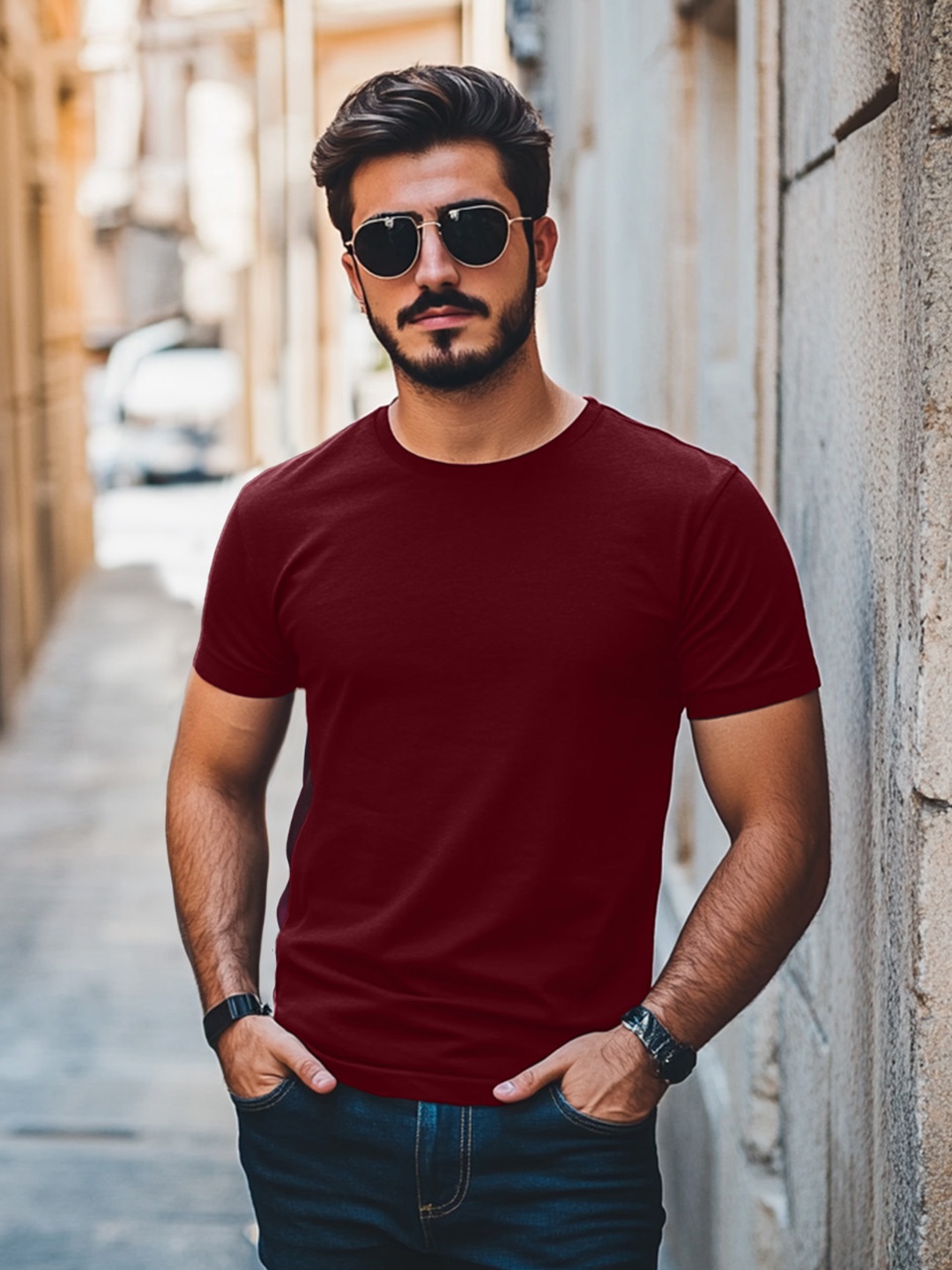 

VEIRDO Maroon Drop-Shoulder Sleeves Pure Cotton Oversized T-shirt