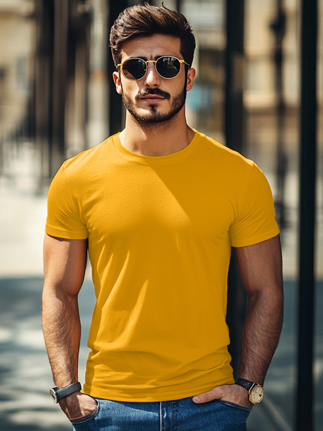 

VEIRDO Mustard Yellow Drop-Shoulder Sleeves Pure Cotton Oversized T-shirt