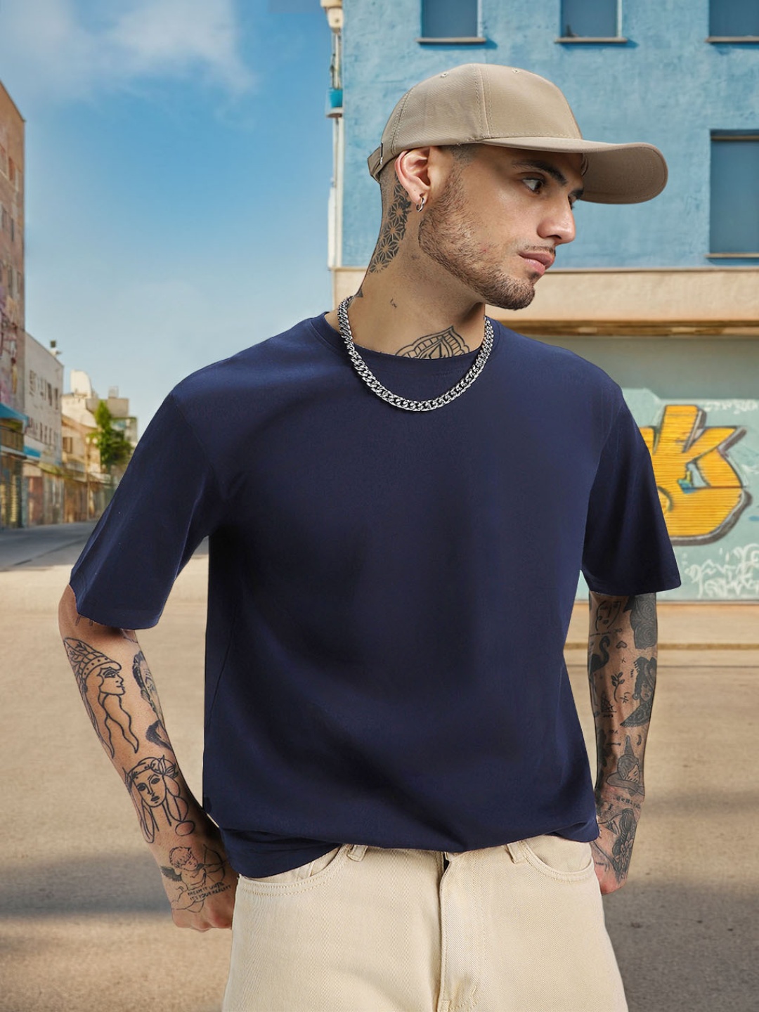 

VEIRDO Navy Blue Drop-Shoulder Sleeves Pure Cotton Oversized T-shirt