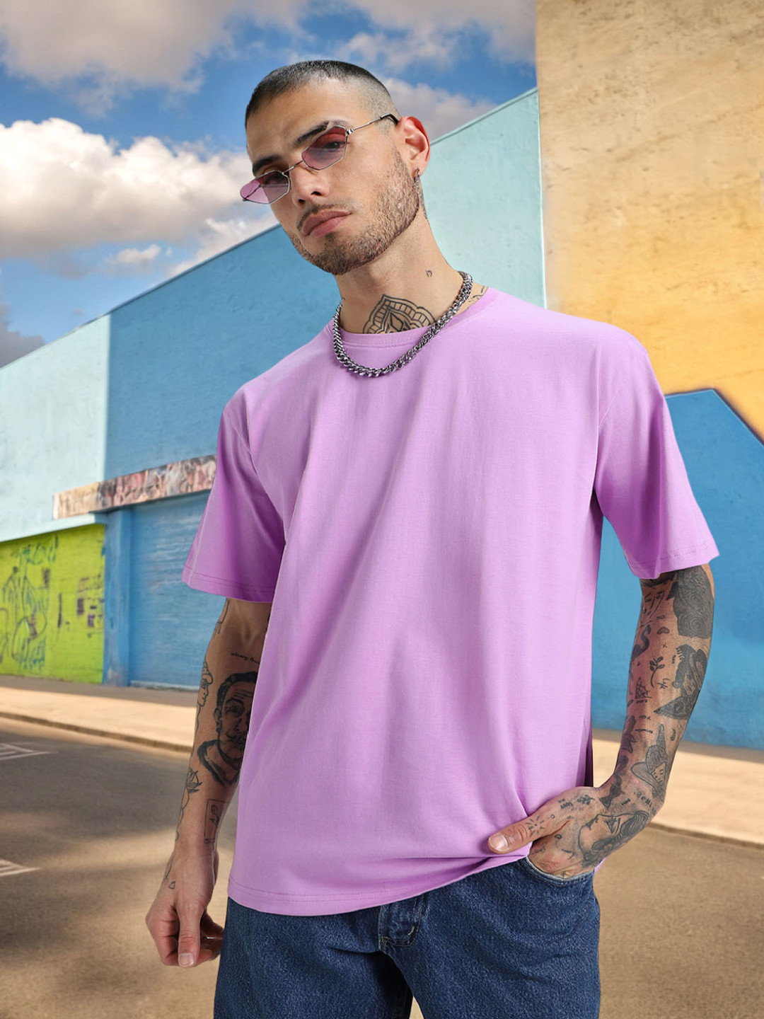 

VEIRDO Purple Drop-Shoulder Sleeves Pure Cotton Oversized T-shirt