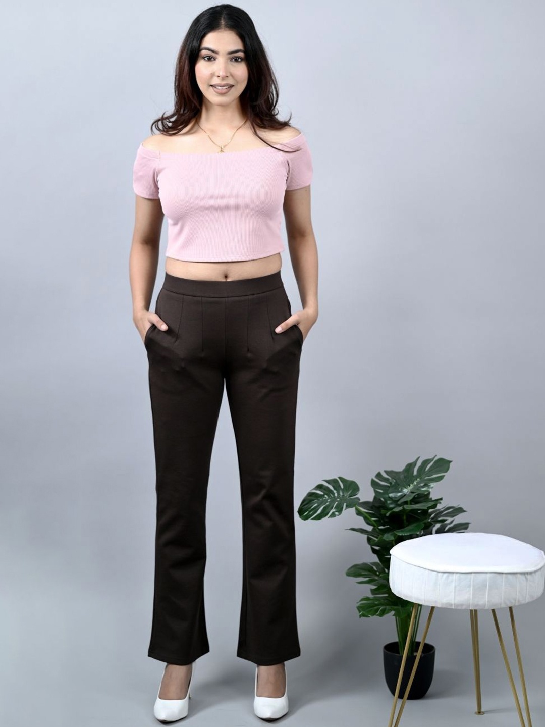 

Mlada Women Bootcut Flared Mid Rise Trousers, Coffee brown