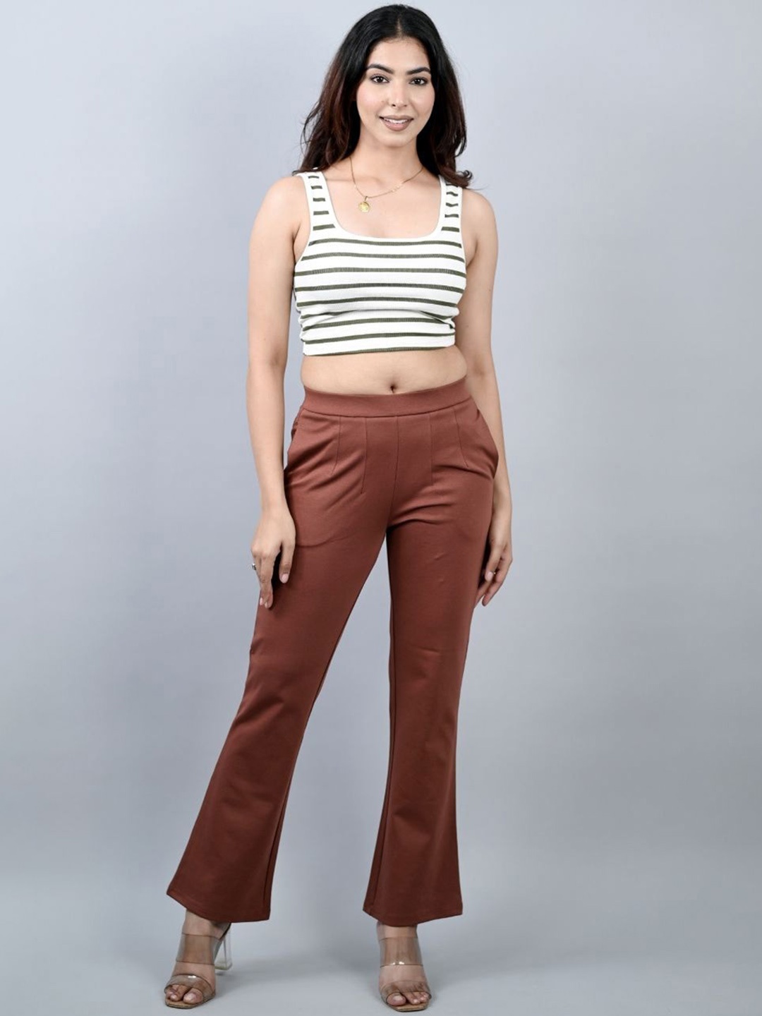 

Mlada Women Bootcut Flared Mid Rise Trousers, Brown