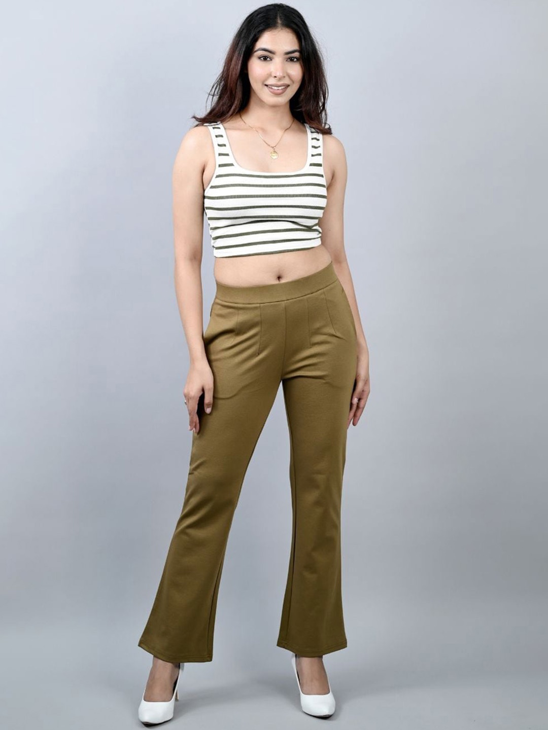 

Mlada Women Bootcut Flared Mid Rise Trousers, Tan