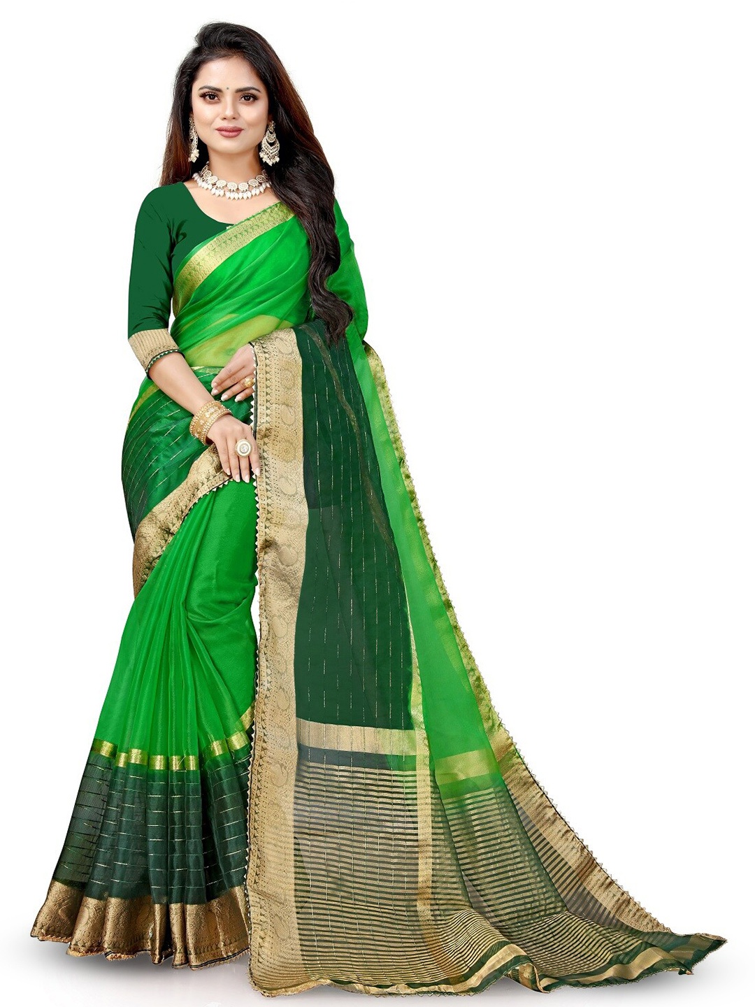 

Pemal Designer Zari Organza Saree, Green