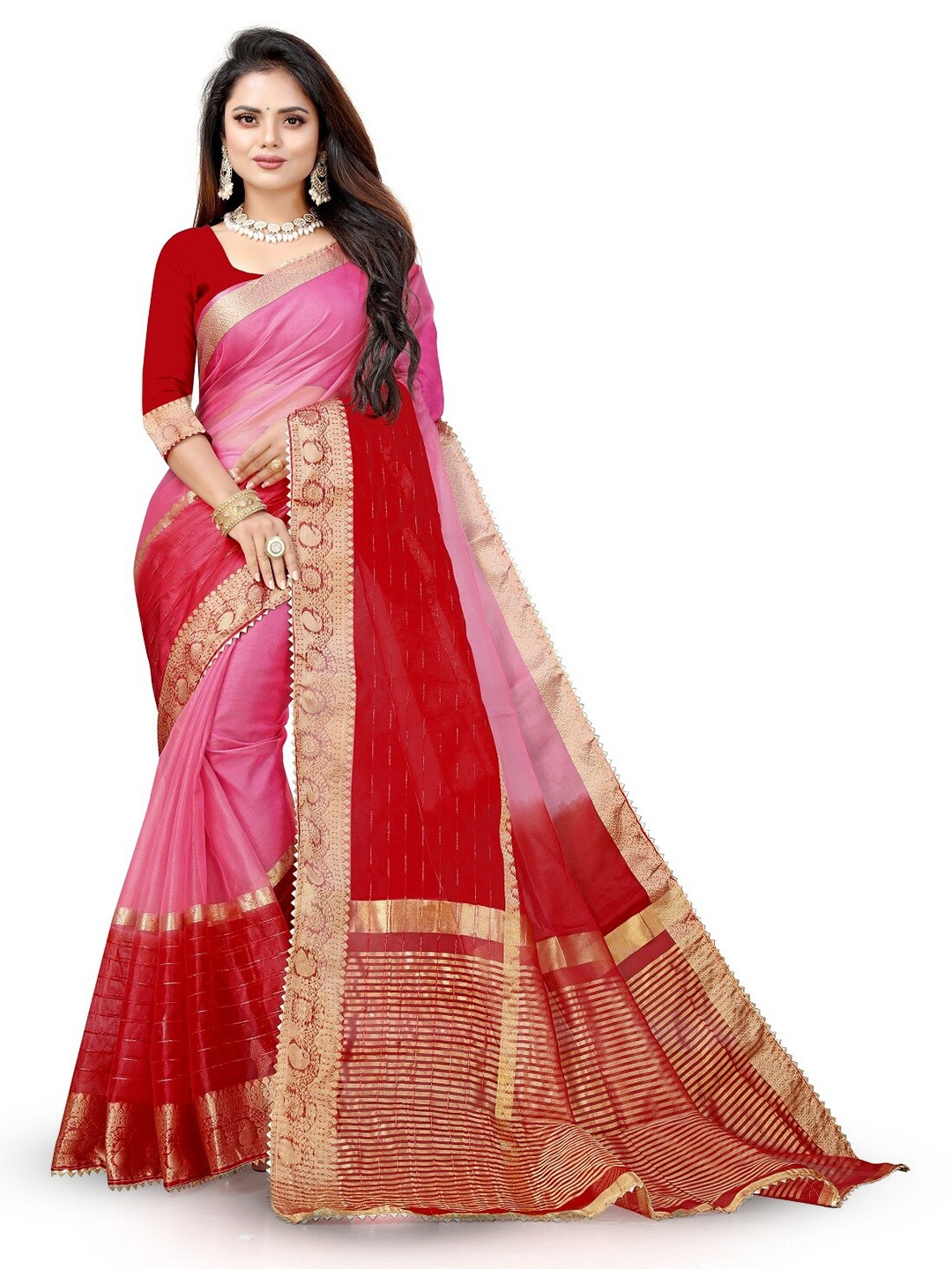 

Pemal Designer Ombre Sequinned Organza Saree, Pink