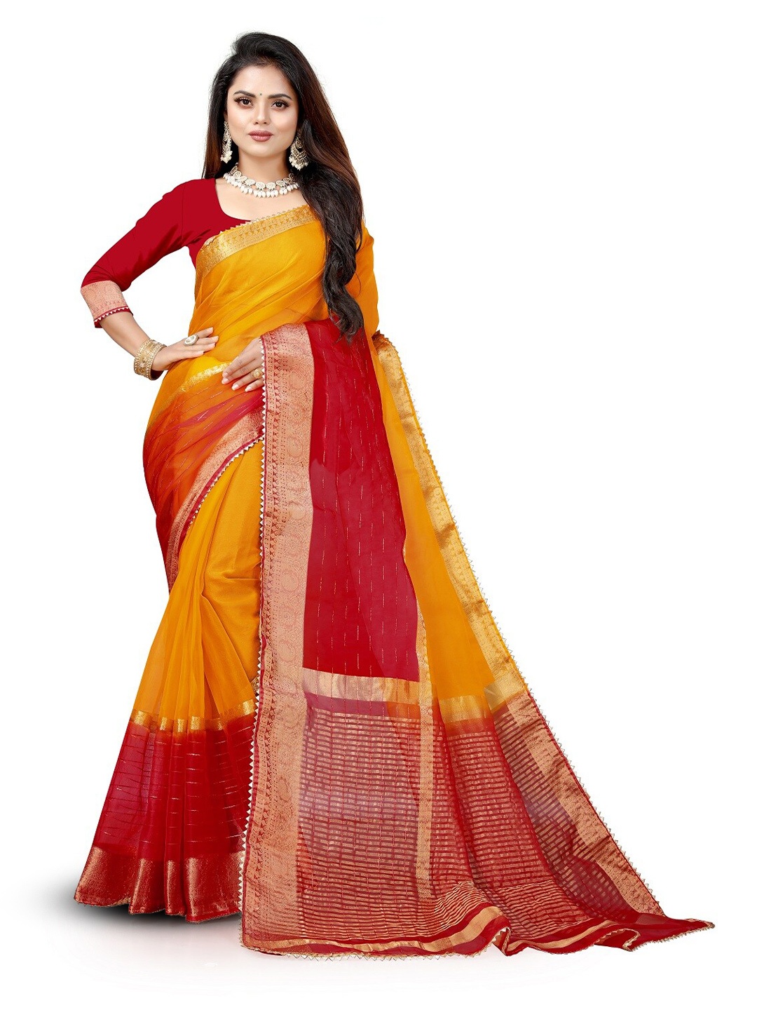 

Pemal Designer Woven Design Zari Organza Saree, Yellow