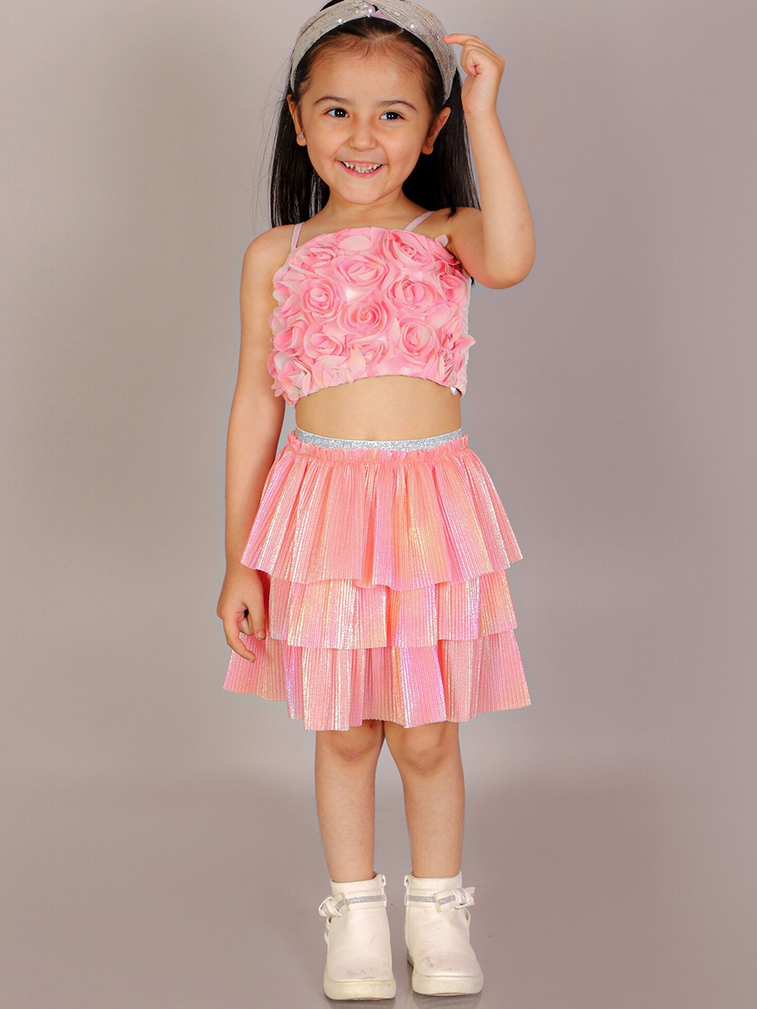 

LIL DRAMA Girls Printed Top with Skirt, Pink