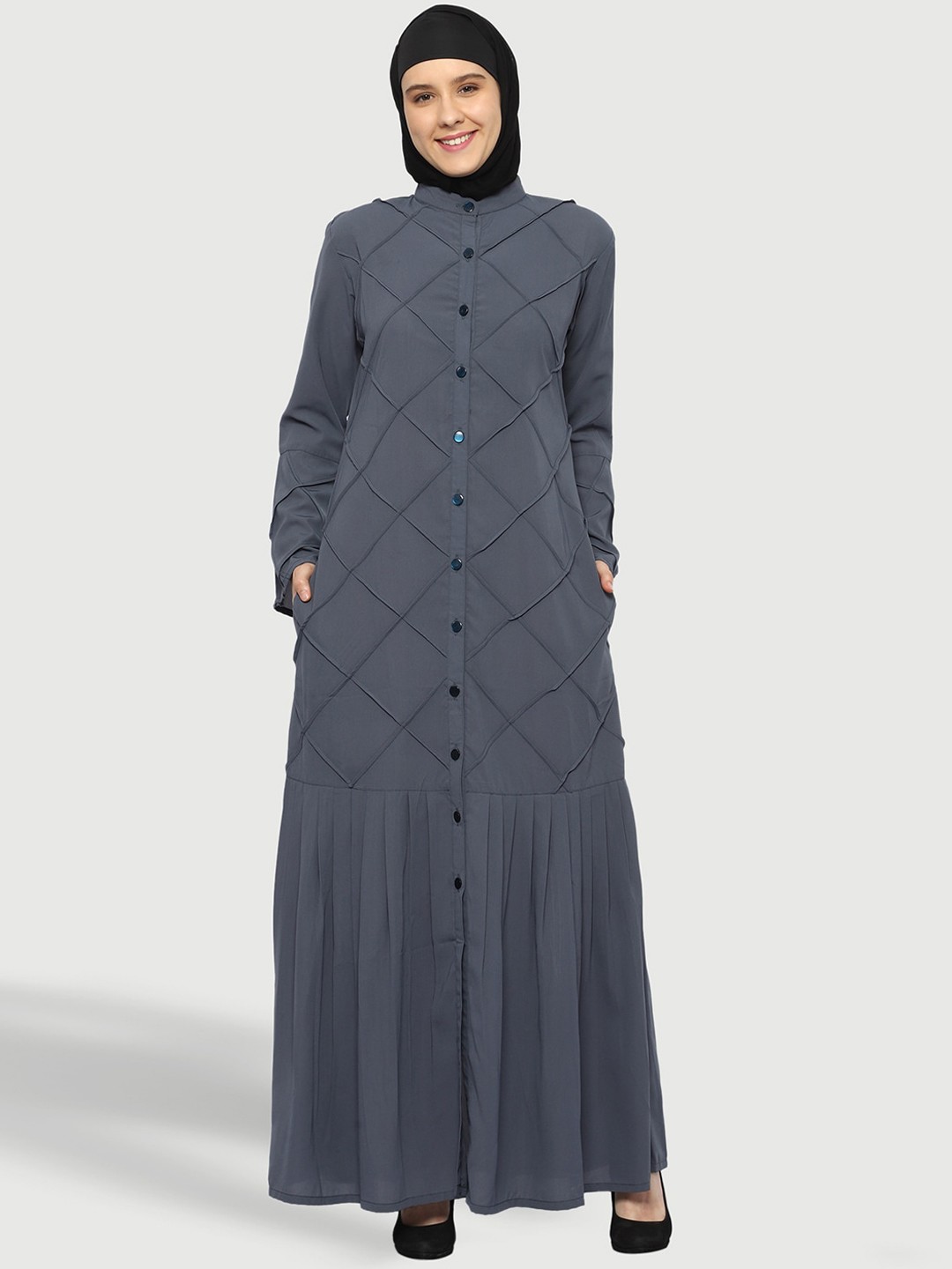 

MOMIN LIBAS Band Collar Solid Burqa With Scarf, Grey