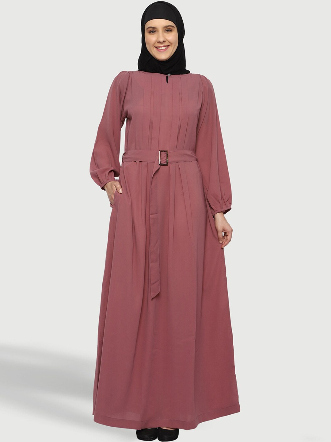 

MOMIN LIBAS Round Neck Burqa With Scarf, Rose gold
