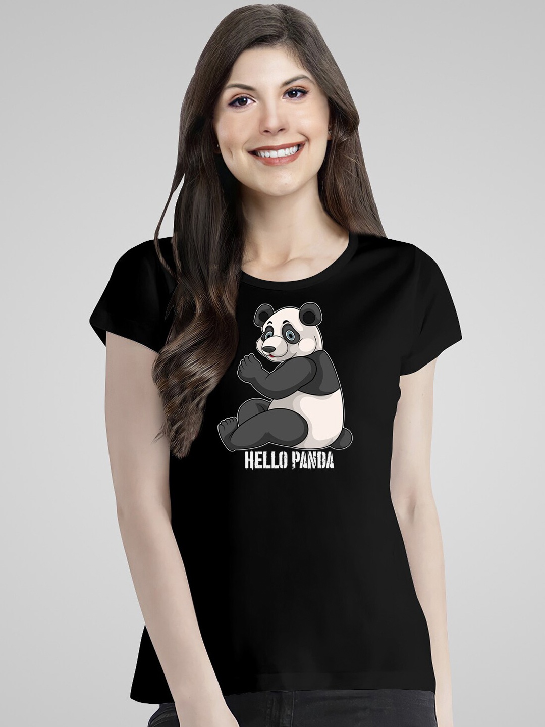 

Pootlu Hello Panda Printed Cotton Casual T-shirt, Black