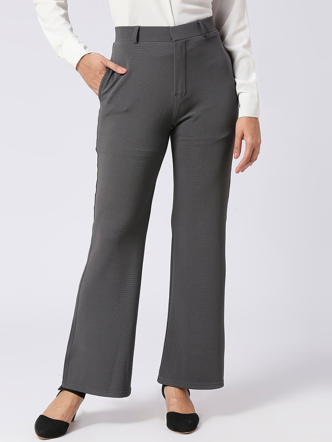 

FITHUB Women Loose Fit High-Rise Cotton Boot Cut Trousers, Grey
