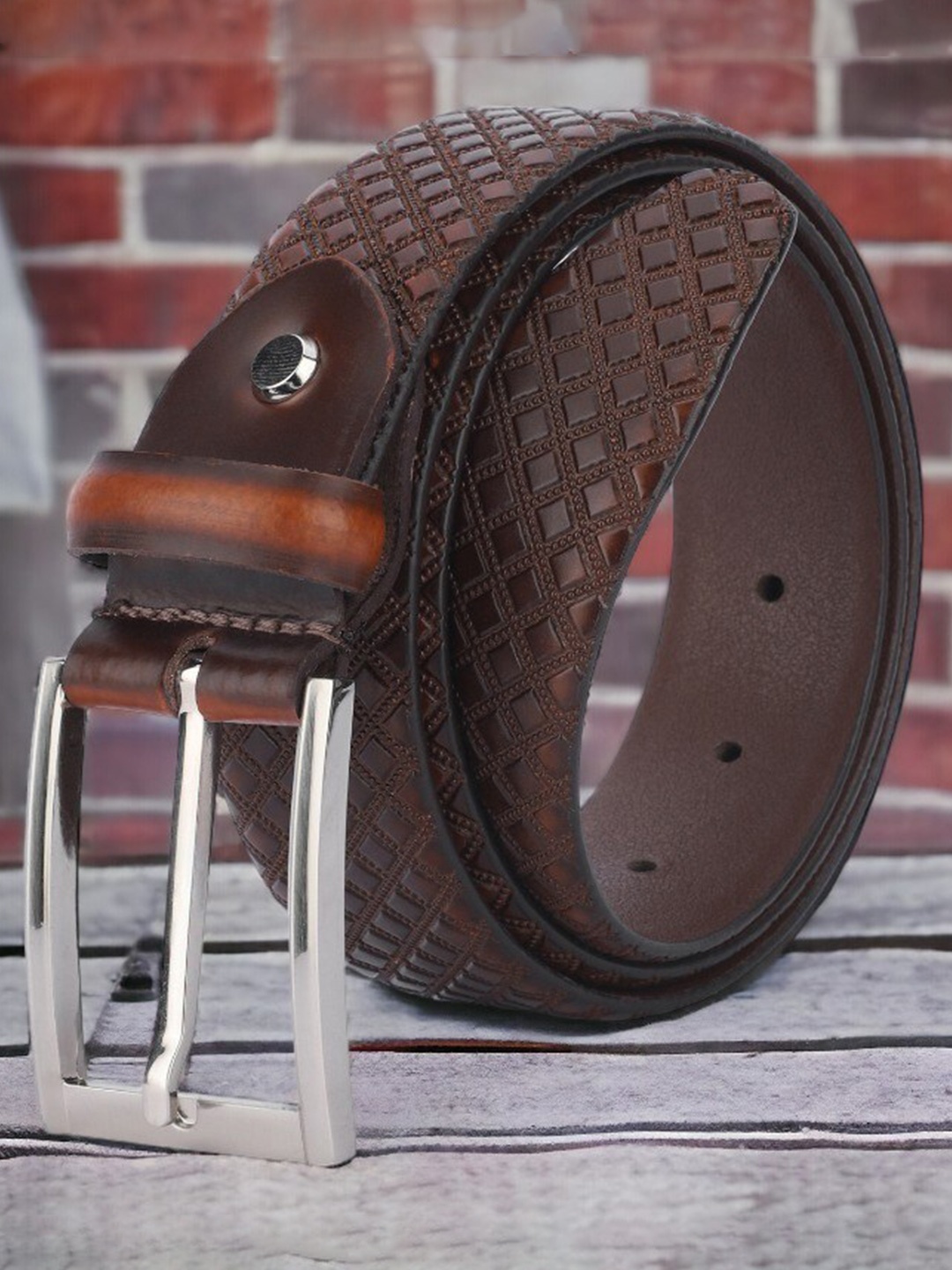 

The Roadster Lifestyle Co. Men Formal Checked Leather Belt, Brown