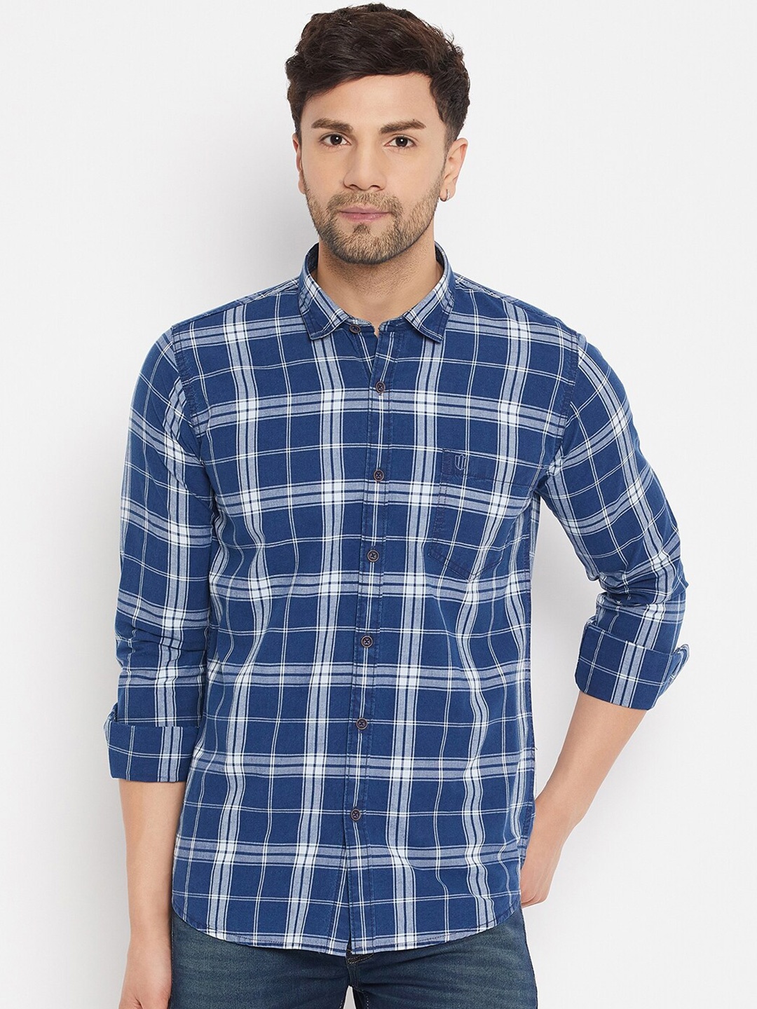 

Duke Slim Fit Tartan Checks Cotton Casual Shirt, Blue