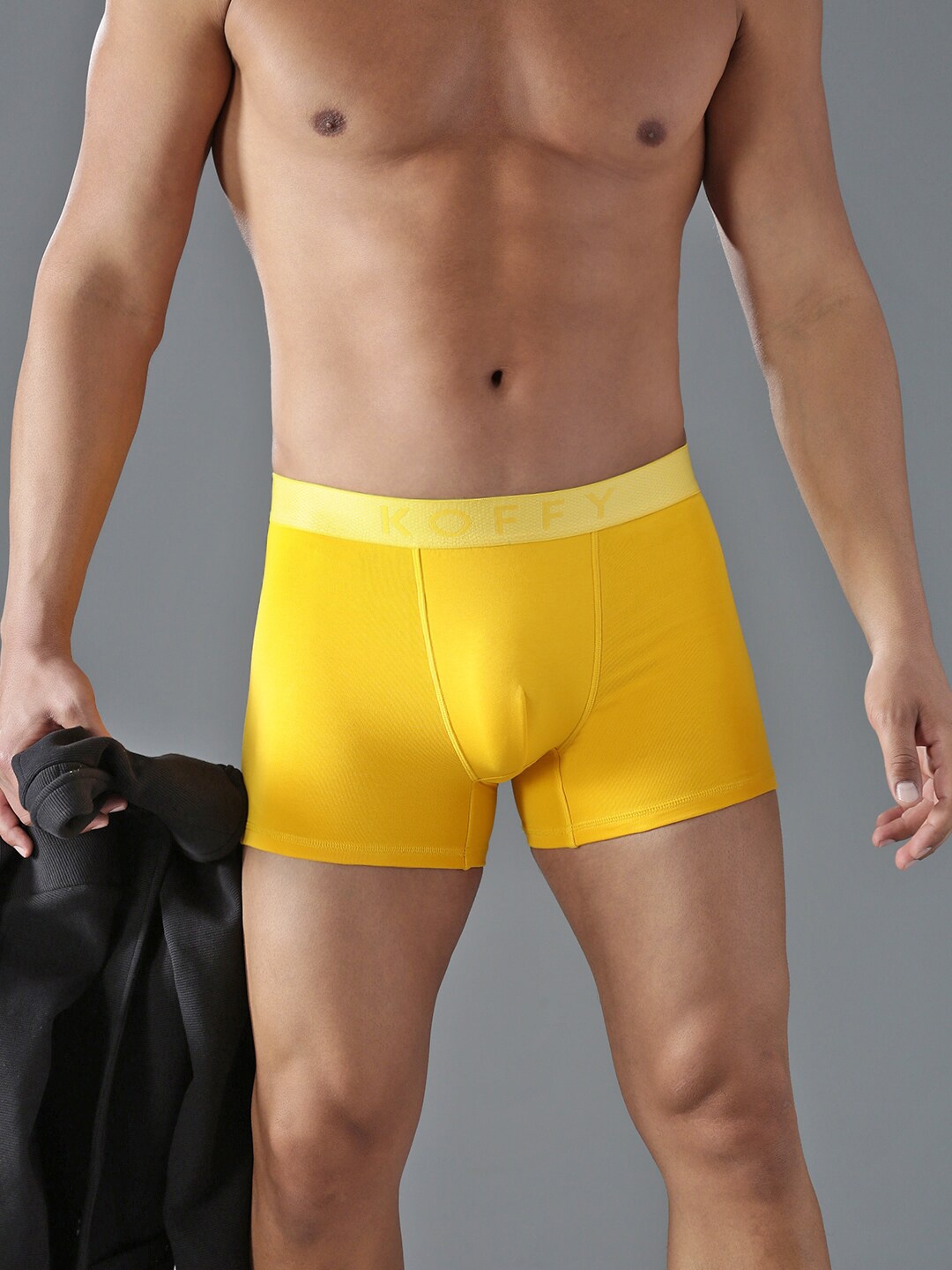 

KOFFY Mid Rise Super Soft 4 Way Stretch 2X absorbent Long Trunks for Men, Yellow