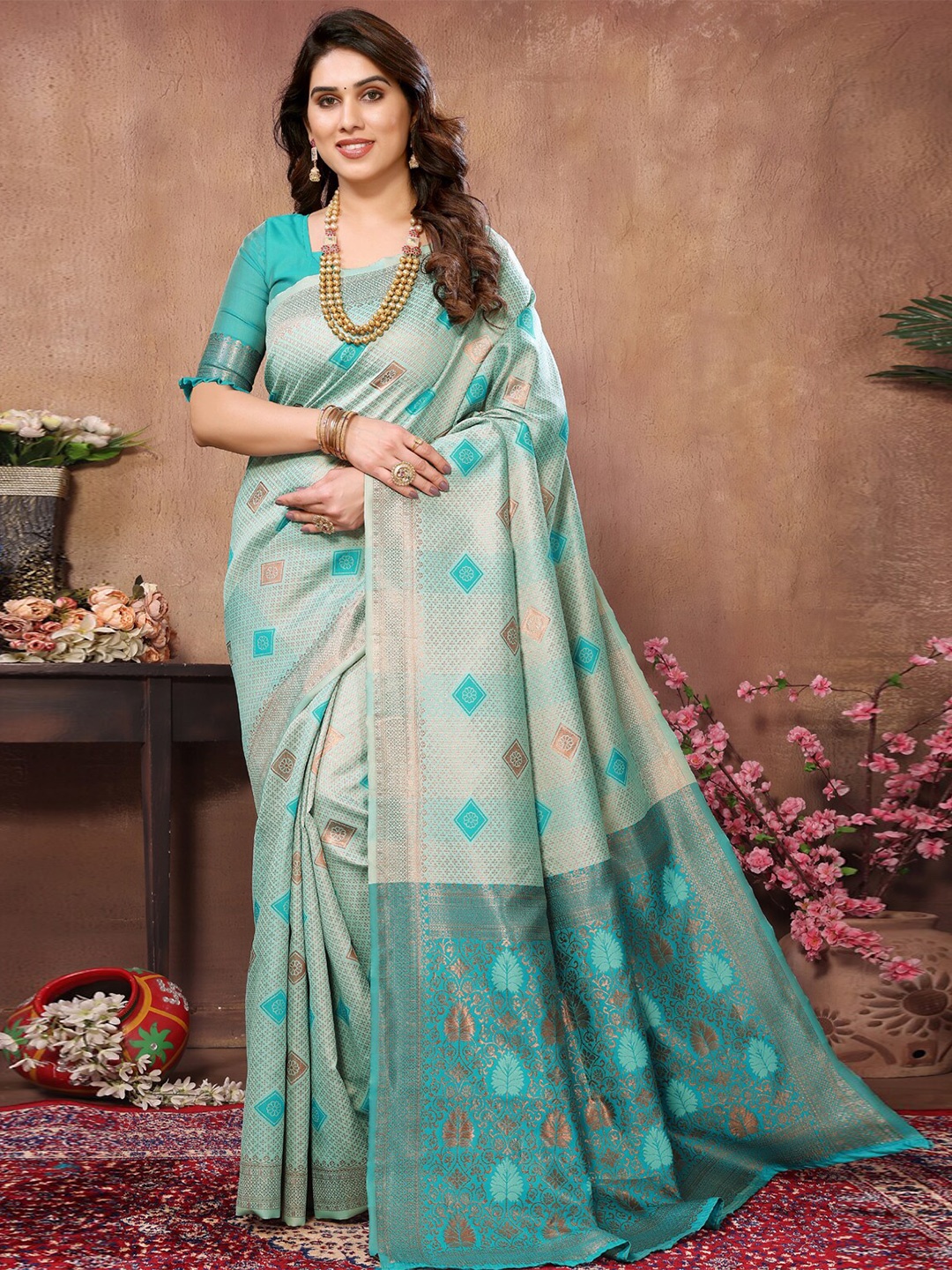 

vj fashion Woven Design Ethnic Motifs Zari Banarasi Saree, Green