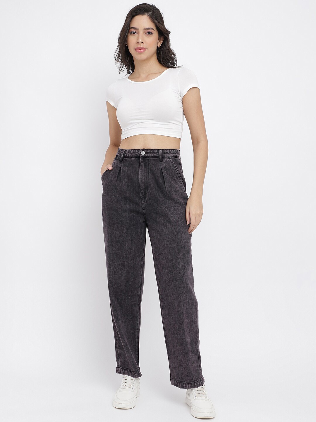 

TALES & STORIES Women Wide Leg High-Rise Stretchable Denim Jeans, Maroon