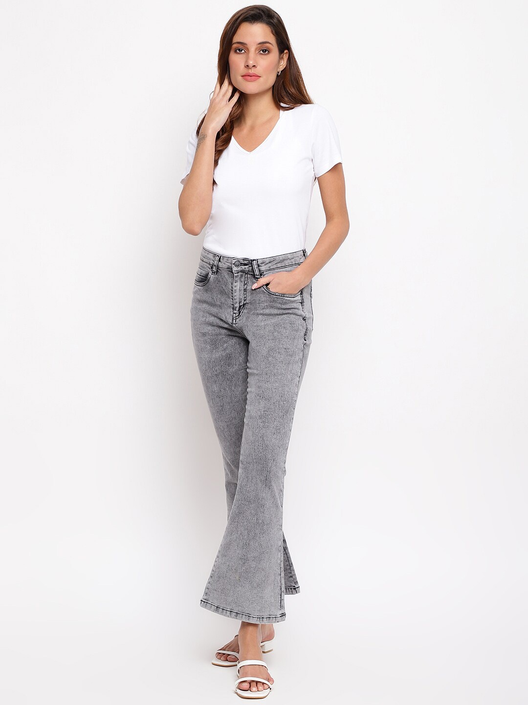 

TALES & STORIES Women Flared Low Distress Heavy Fade Stretchable Denim Jeans, Grey