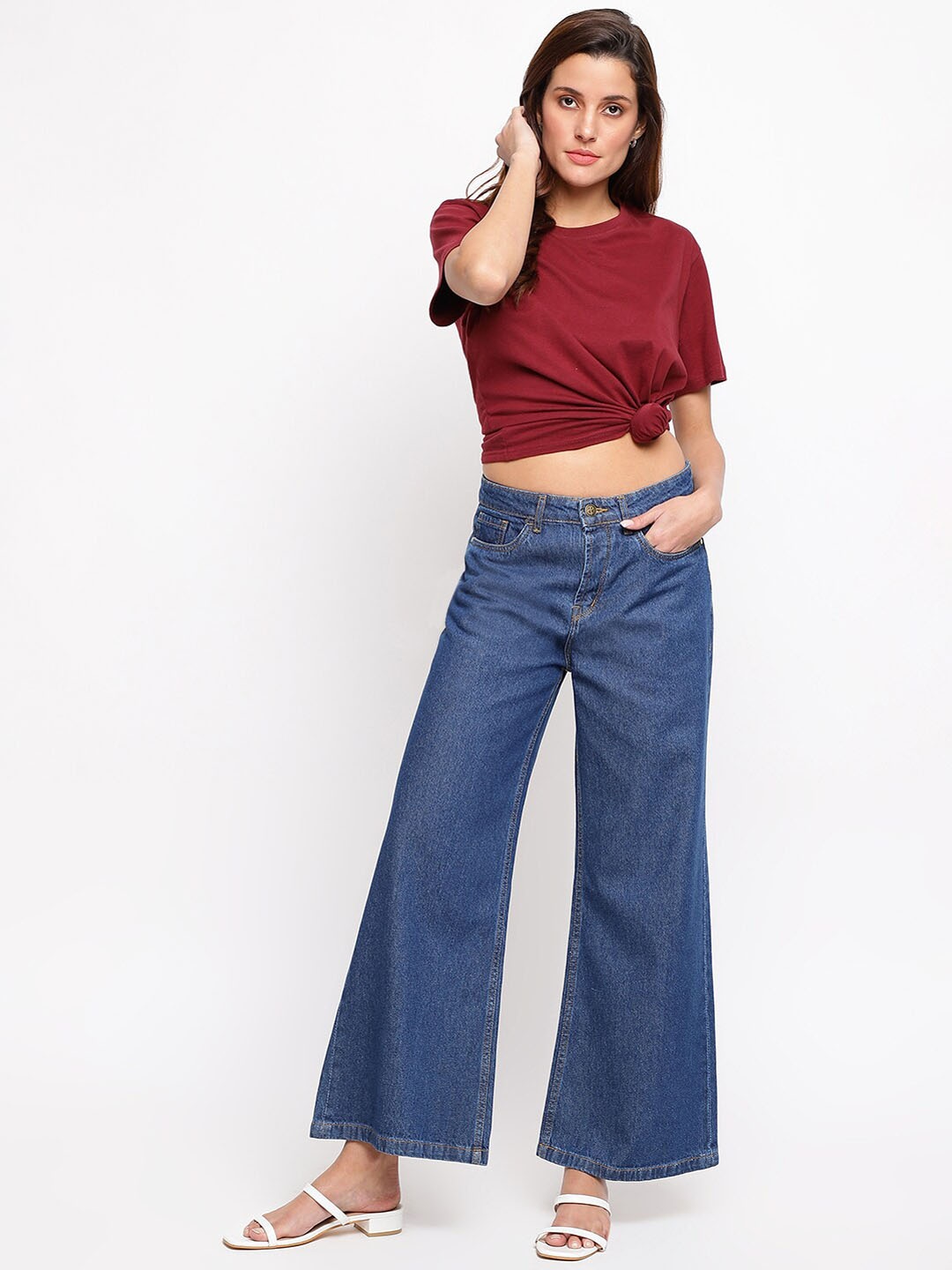 

TALES & STORIES Women Mid-Rise Cotton Wide Leg Denim Jeans, Blue