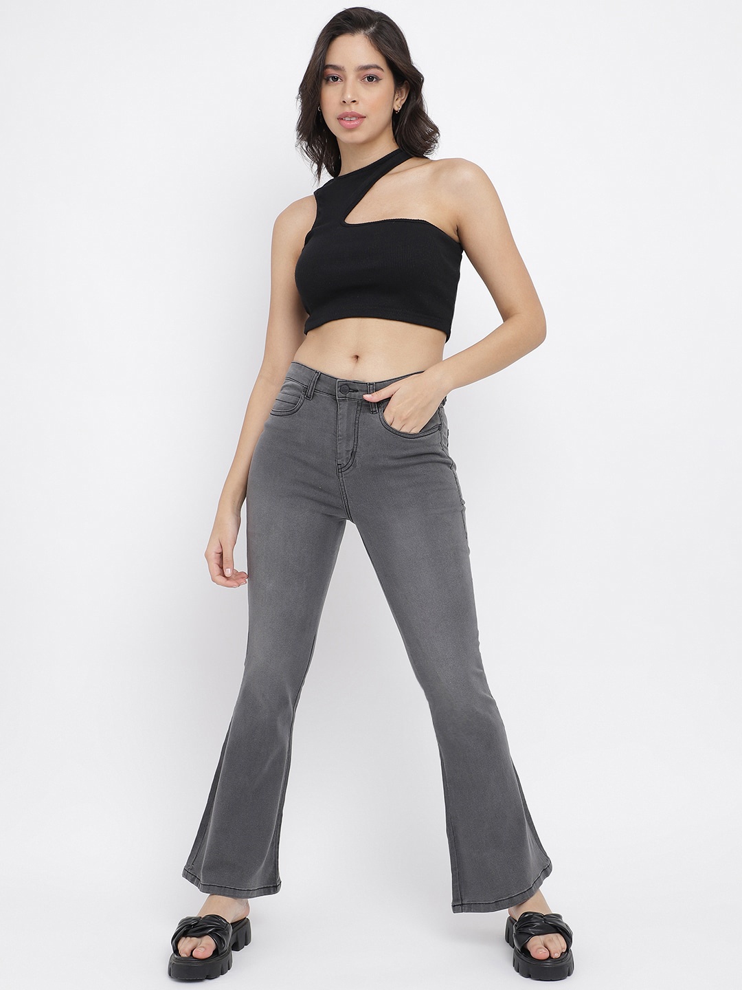 

TALES & STORIES Women Flared High-Rise Clean Look Washed Heavy Fade Stretchable Denim Jeans, Grey