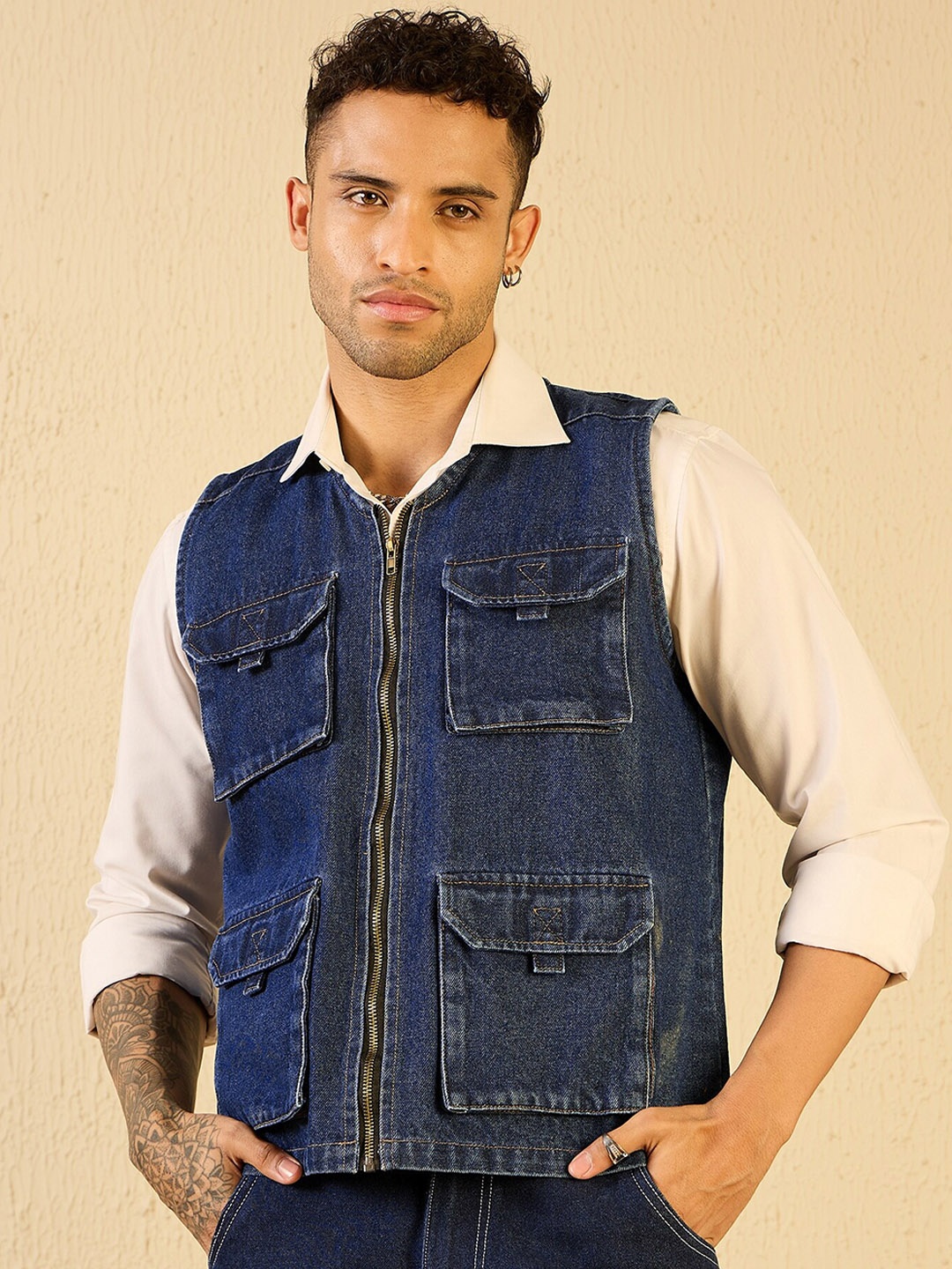 

Kook N Keech Collarless Lightweight Sleeveless Cotton Denim Jacket, Blue