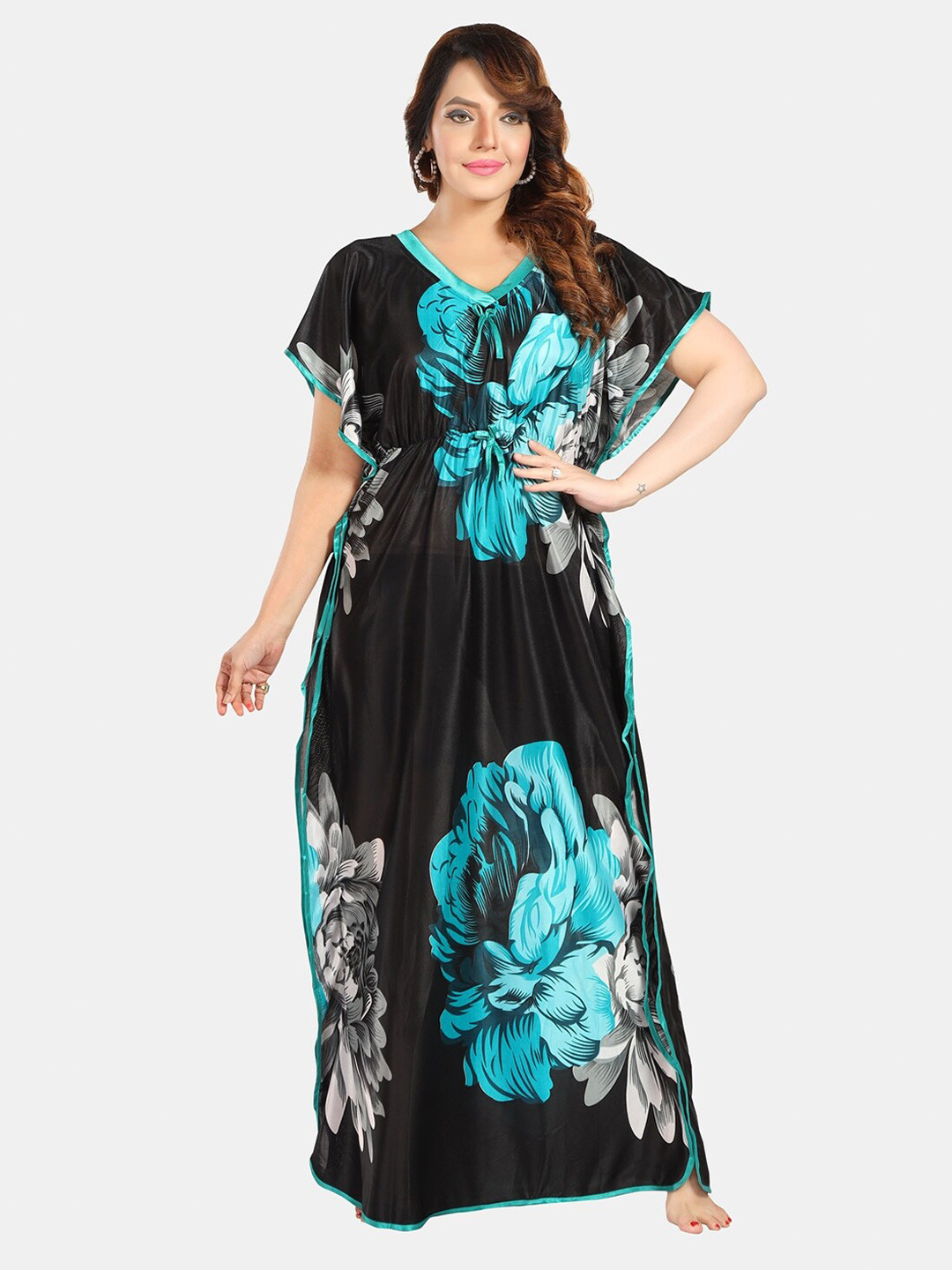 

Fabme Printed Satin Maxi Kaftan Nightdress, Black