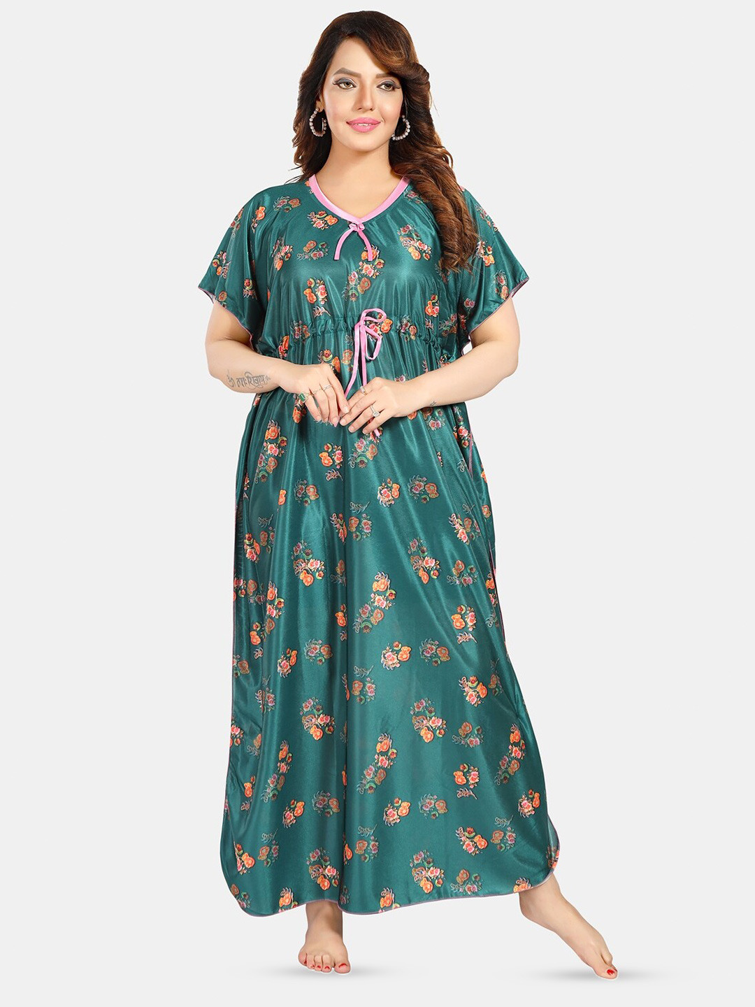 

Fabme Floral Printed Maxi Satin Kaftan Nightdress, Green