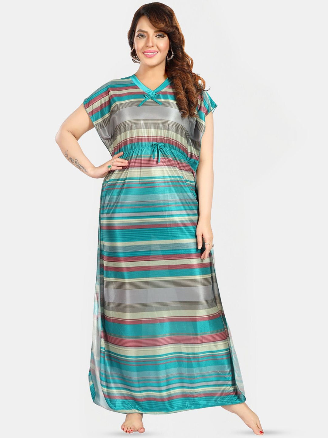 

Fabme Striped Maxi Kaftan Nightdress, Turquoise blue