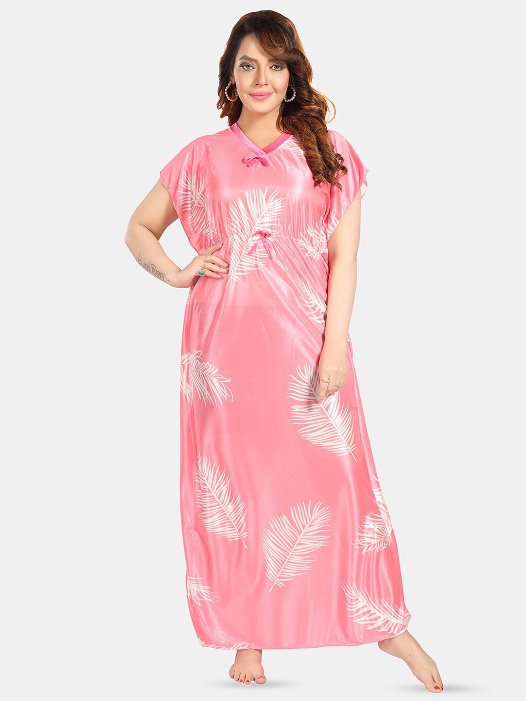 

Fabme Floral Printed Maxi Satin Kaftan Nightdress, Pink