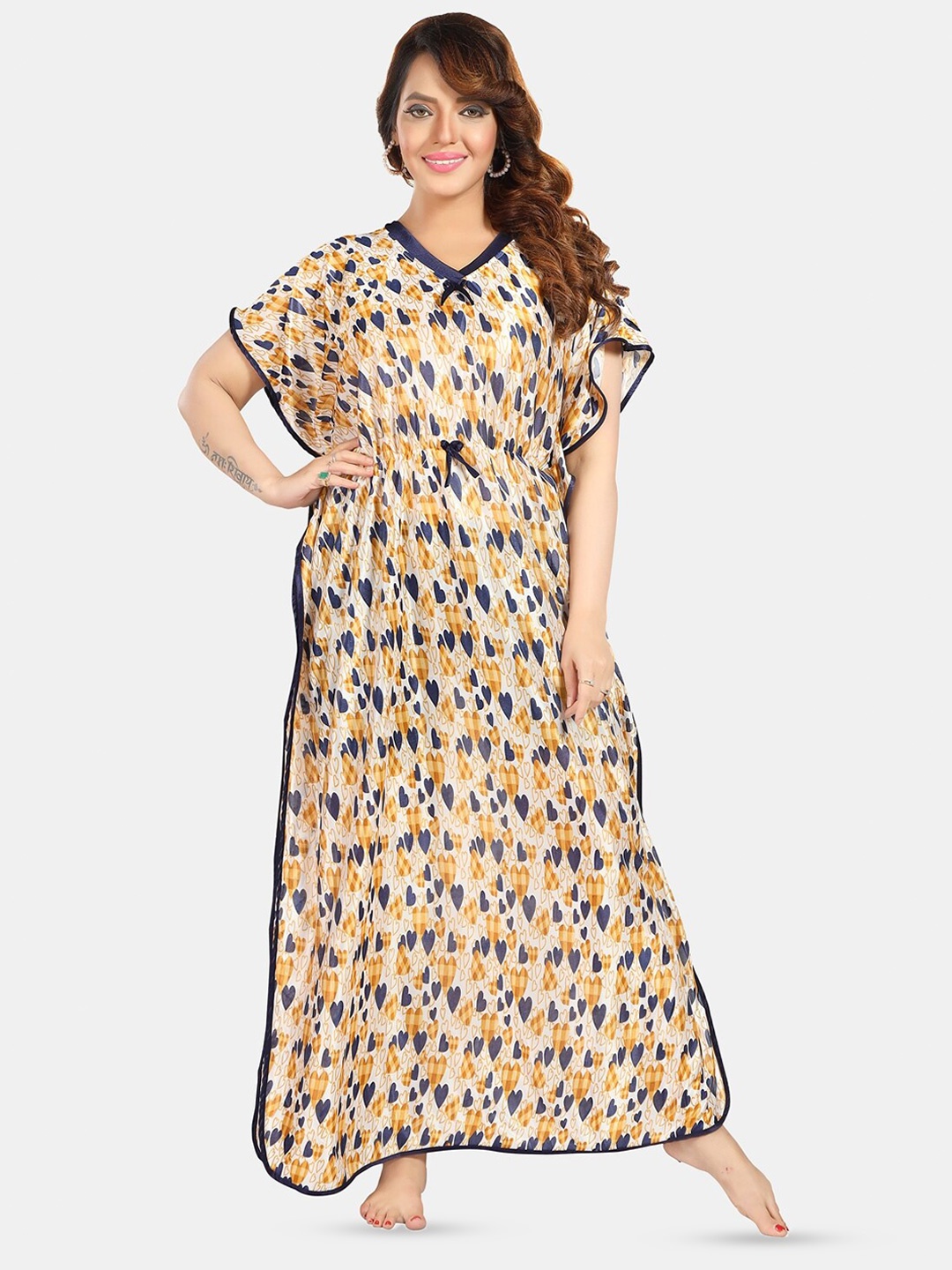 

Fabme Conversational Printed Maxi Satin Kaftan Nightdress, Yellow