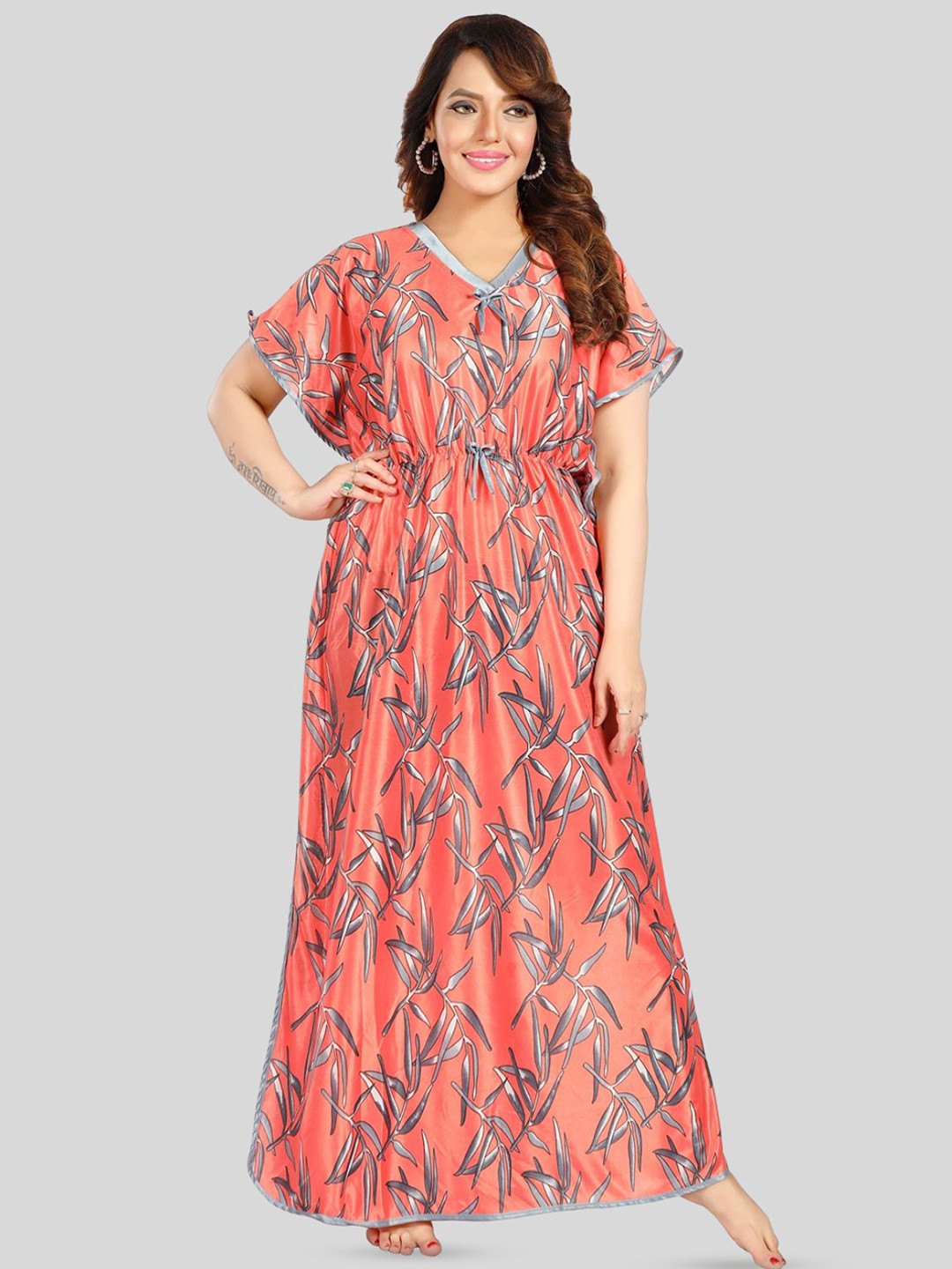 

Fabme Floral Printed Maxi Satin Kaftan Nightdress, Peach