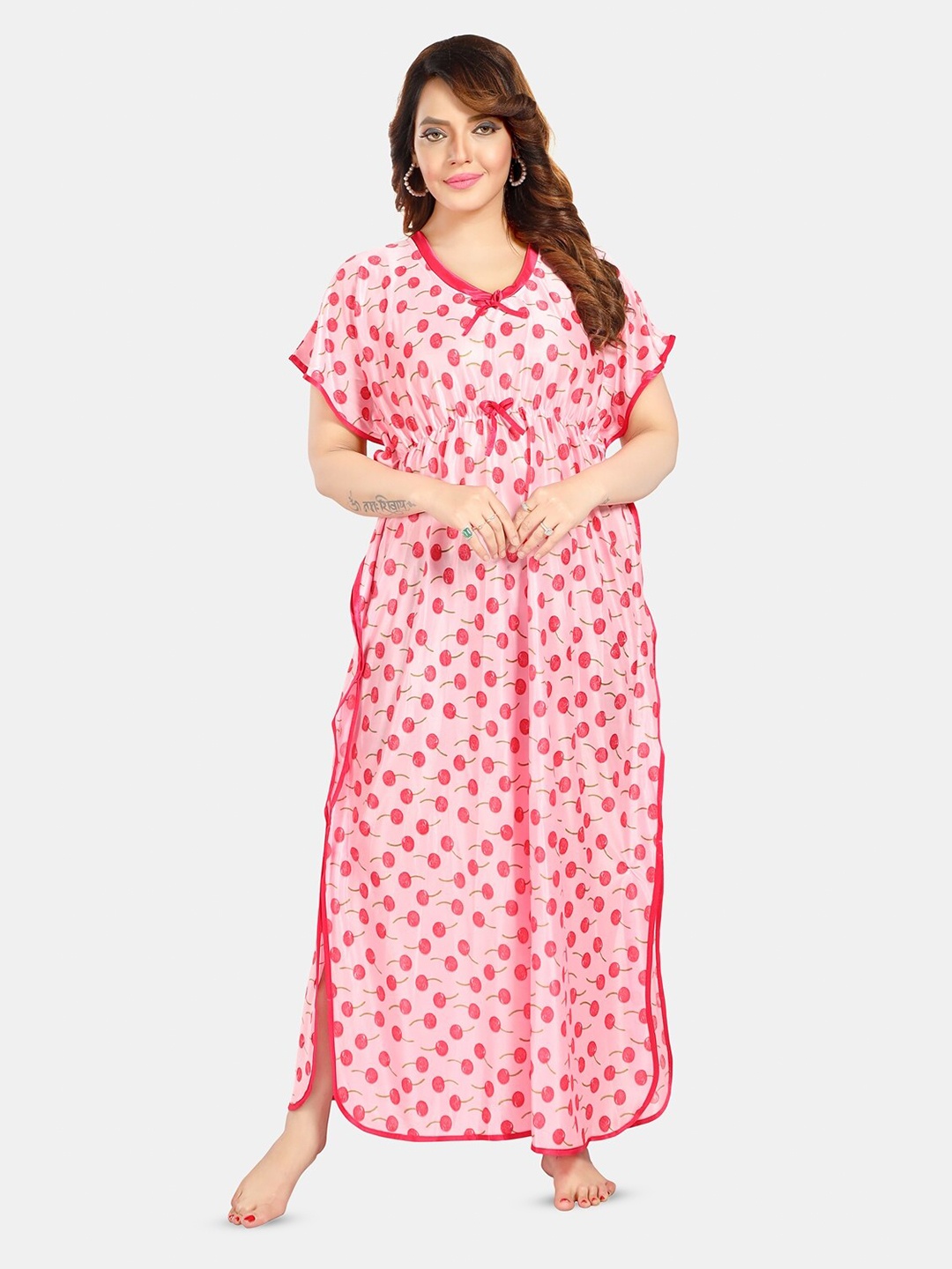 

Fabme Printed Satin Maxi Kaftan Nightdress, Pink