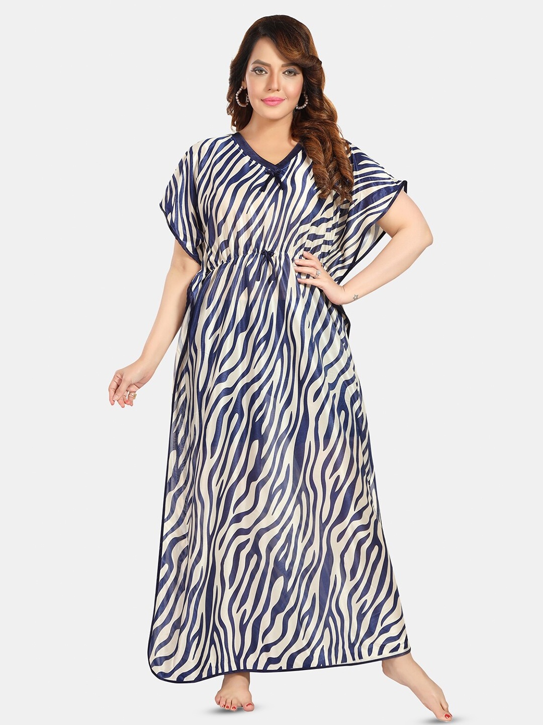 

Fabme Printed Satin Maxi Kaftan Nightdress, Navy blue