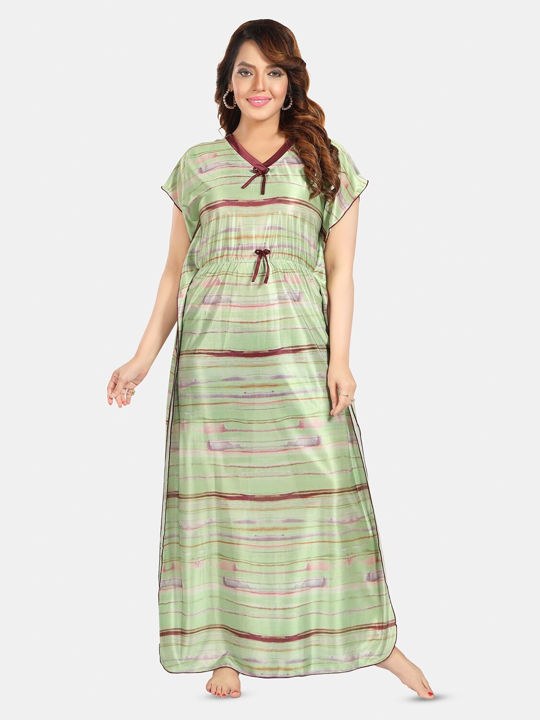 

Fabme Striped Satin Maxi Kaftan Nightdress, Green