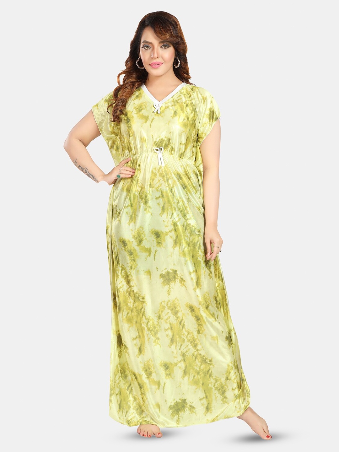 

Fabme Abstract Printed Maxi Satin Kaftan Nightdress, Lime green