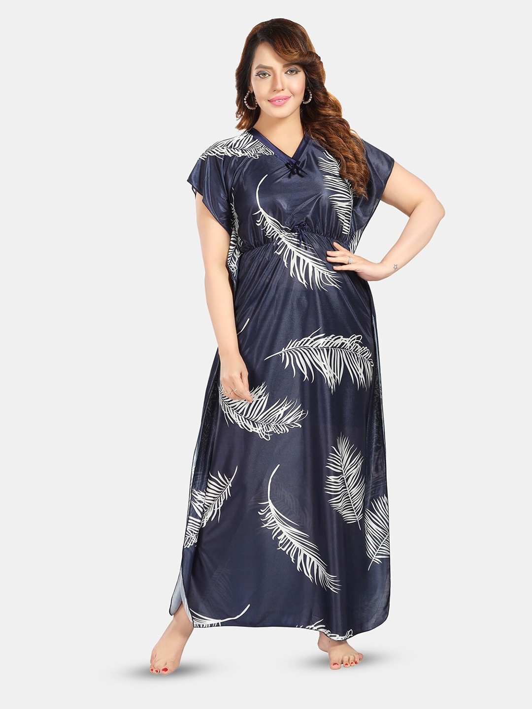 

Fabme Women Printed Maxi Nightdress, Navy blue