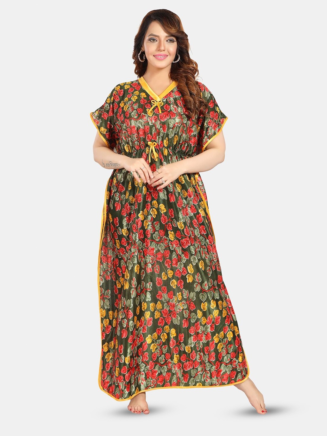 

Fabme Floral Printed Maxi Satin Kaftan Nightdress, Green