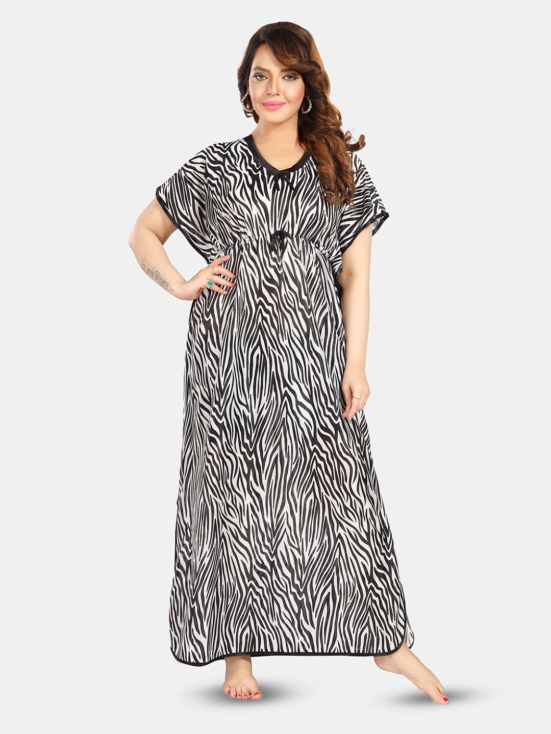 

Fabme Printed Satin Maxi Kaftan Nightdress, Black
