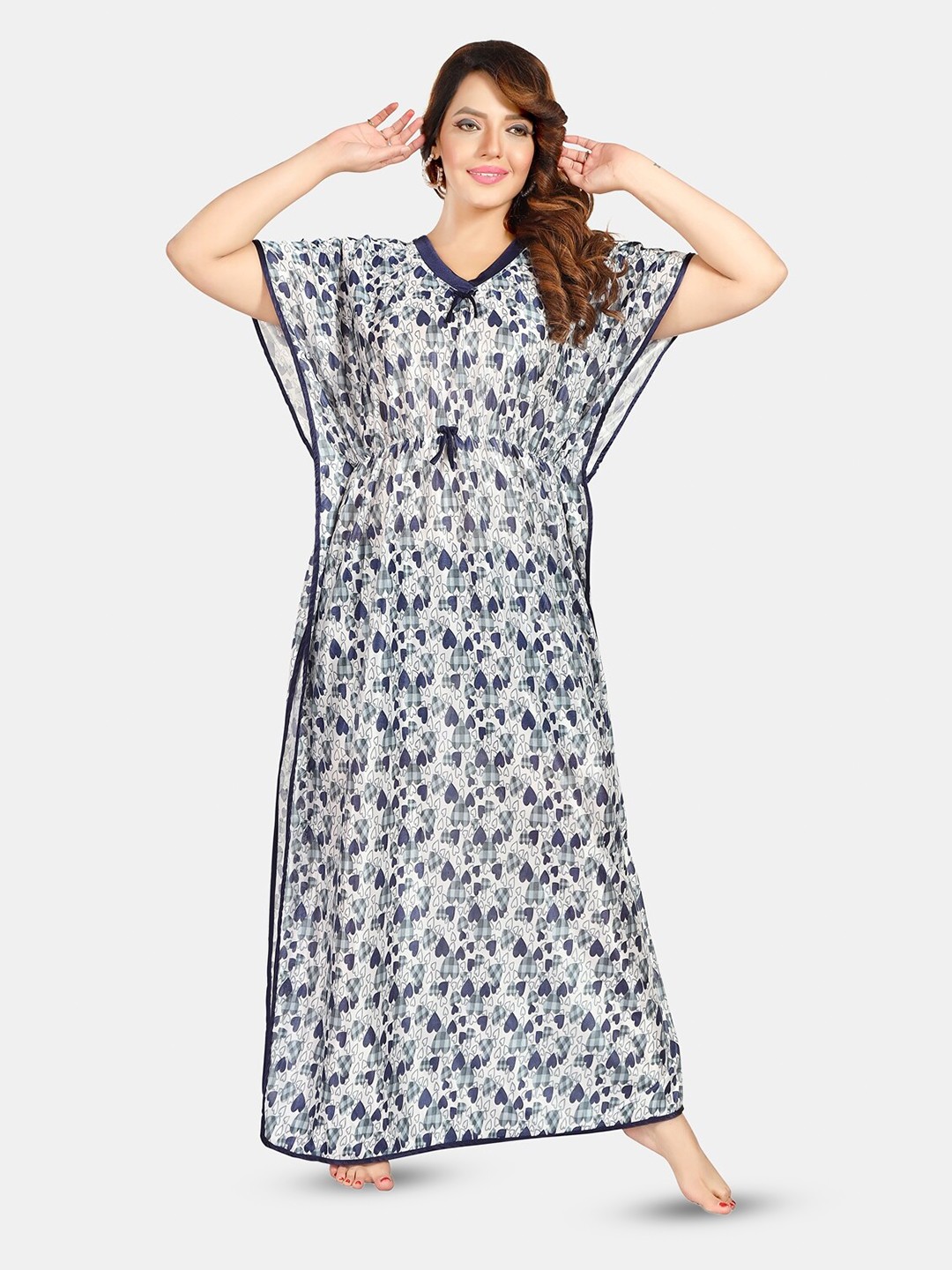 

Fabme Printed Satin Maxi Kaftan Nightdress, Navy blue