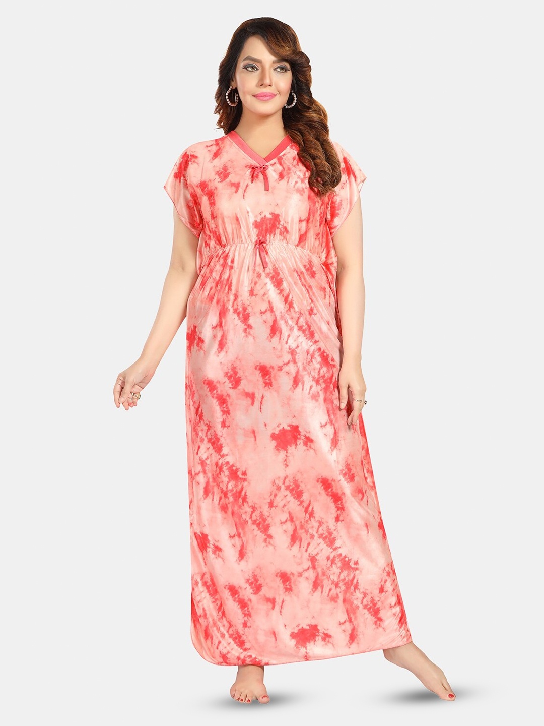 

Fabme Abstract Printed Maxi Satin Kaftan Nightdress, Red