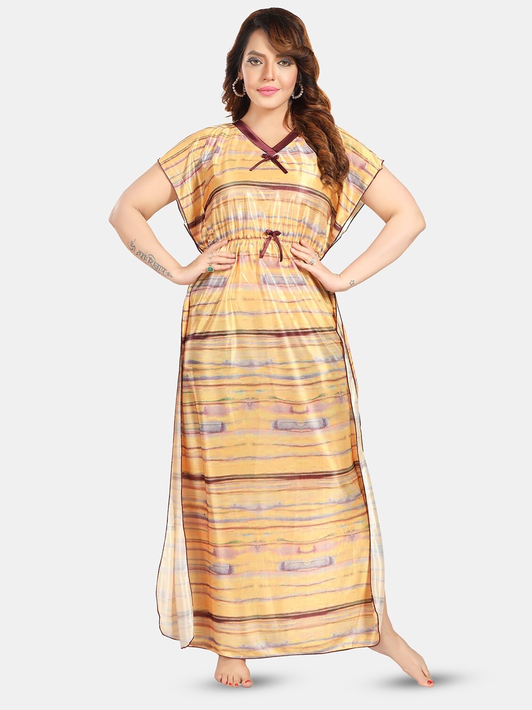 

Fabme Striped Satin Maxi Kaftan Nightdress, Yellow
