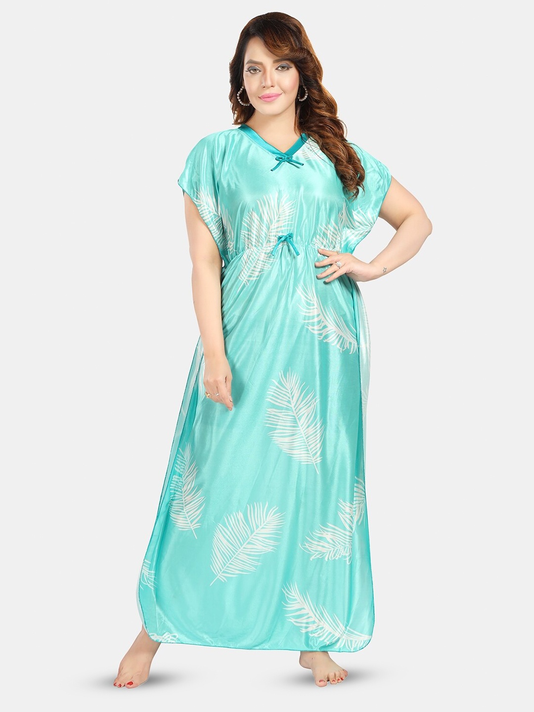 

Fabme Floral Printed Maxi Satin Kaftan Nightdress, Sea green