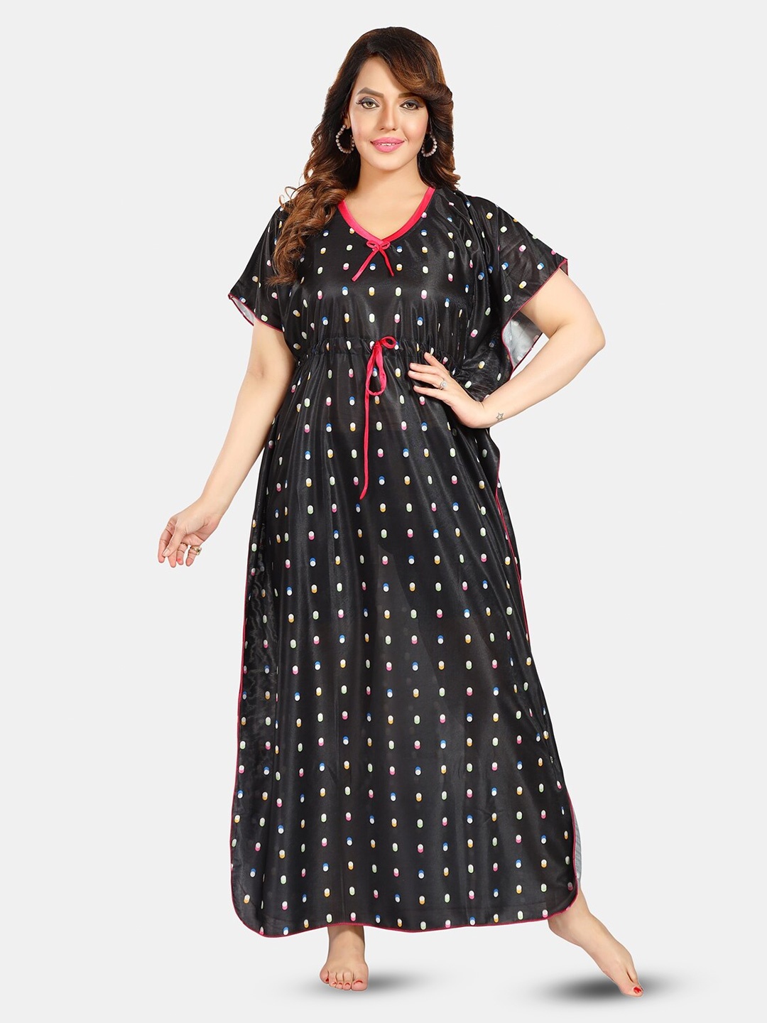 

Fabme Polka Dots Printed Satin Maxi Kaftan Nightdress, Black