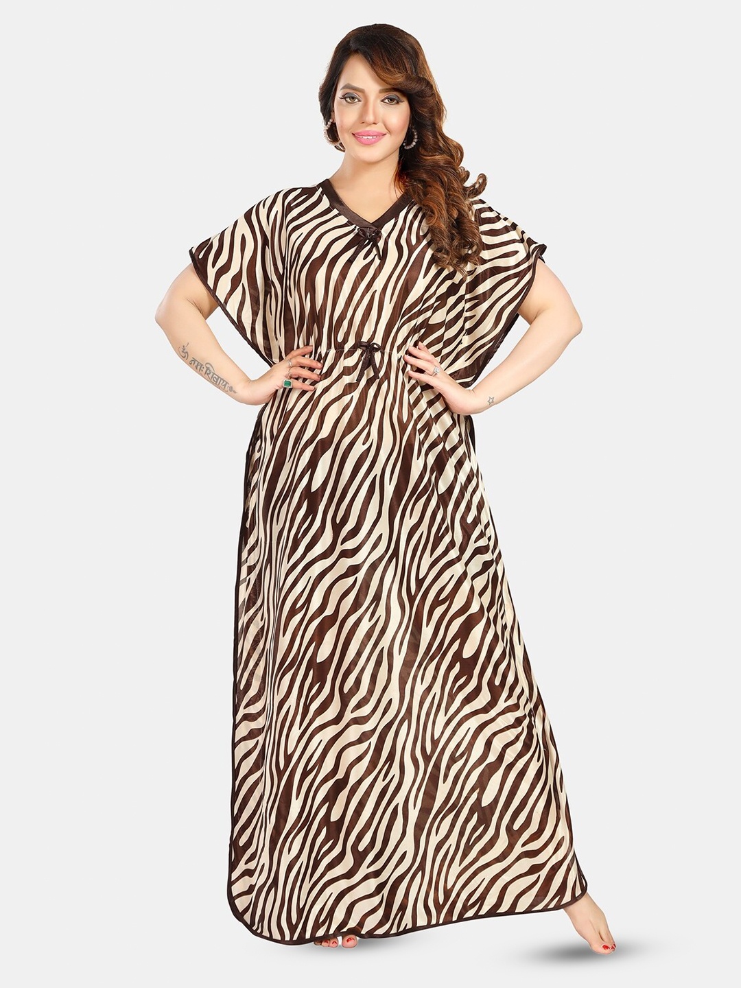 

Fabme Abstract Printed Maxi Satin Kaftan Nightdress, Brown