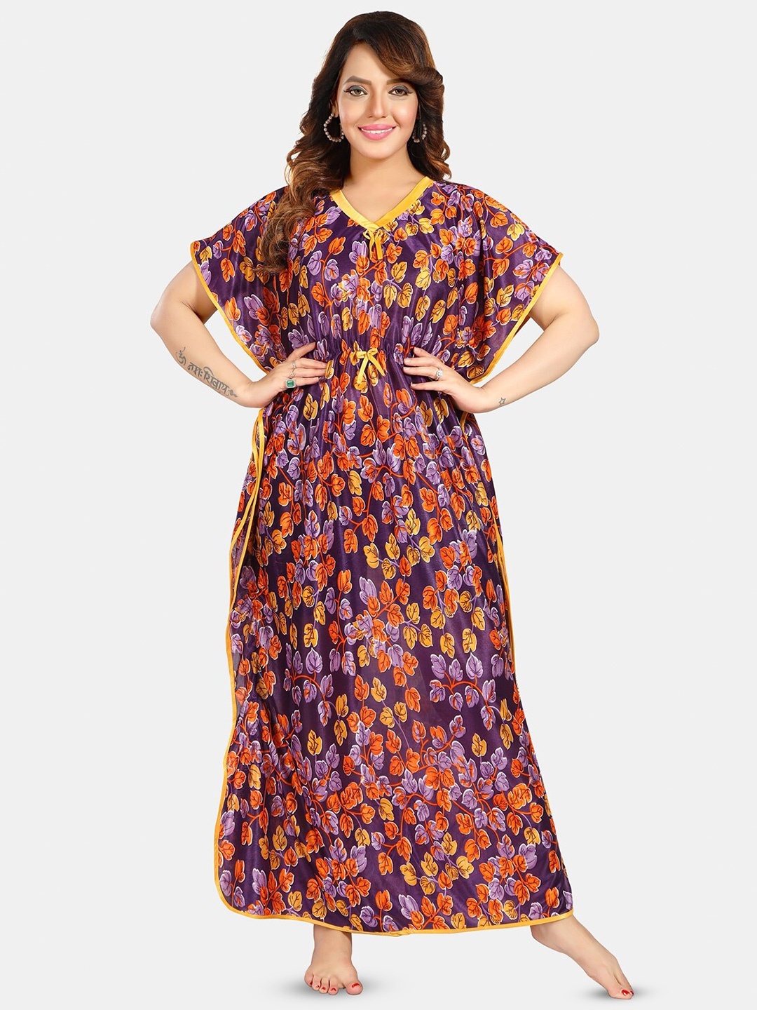 

Fabme Floral Printed Maxi Satin Kaftan Nightdress, Purple